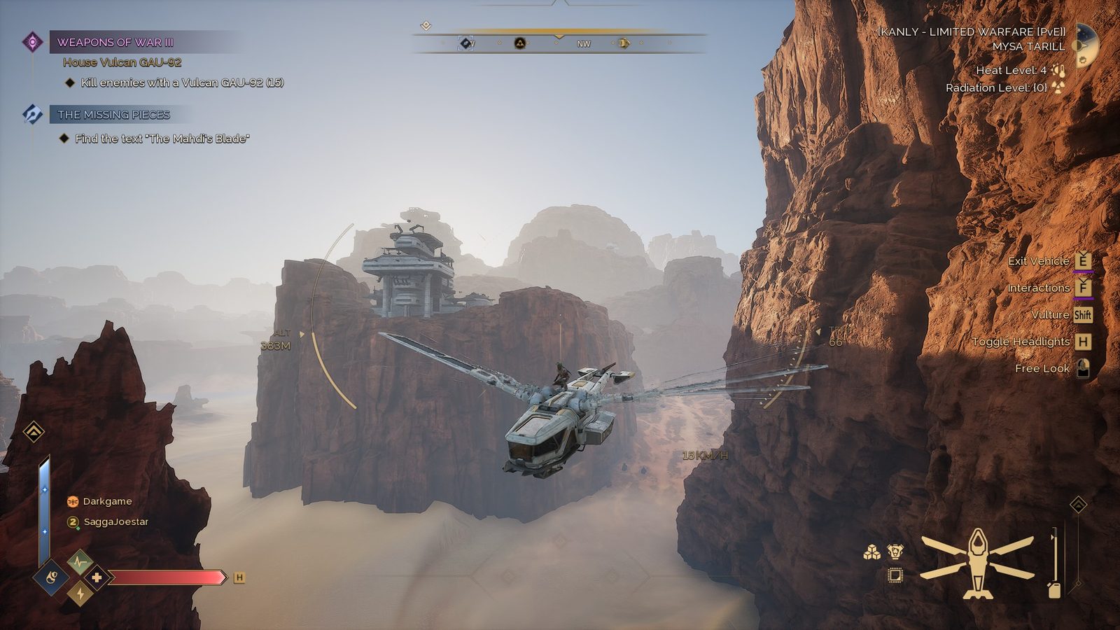 Vehicle traversal near base in canyon, strong environmental and scale cues.