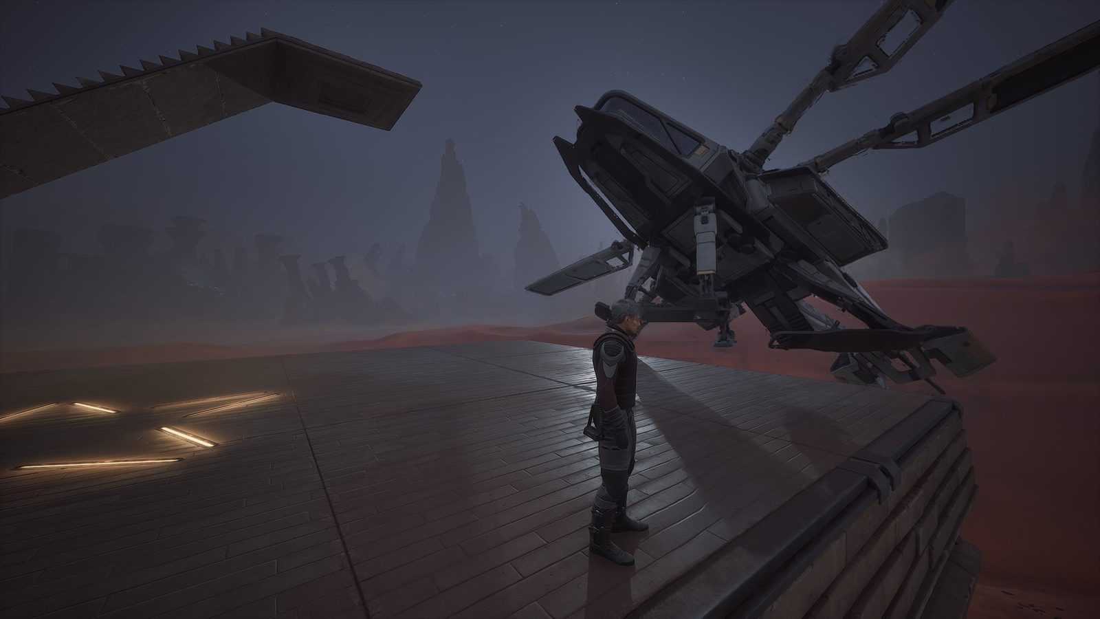 Character and vehicle on desert platform, strong grounded sci-fi and mood.