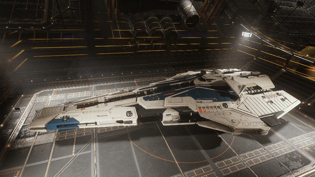 Detailed ship close-up in hangar, clean and sharp.