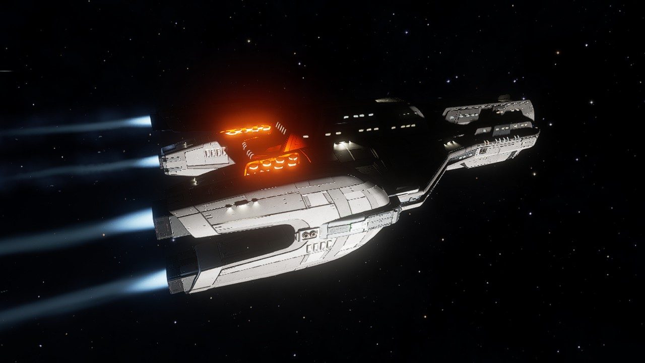 Ship exterior in space, engines lit, minimal distractions.