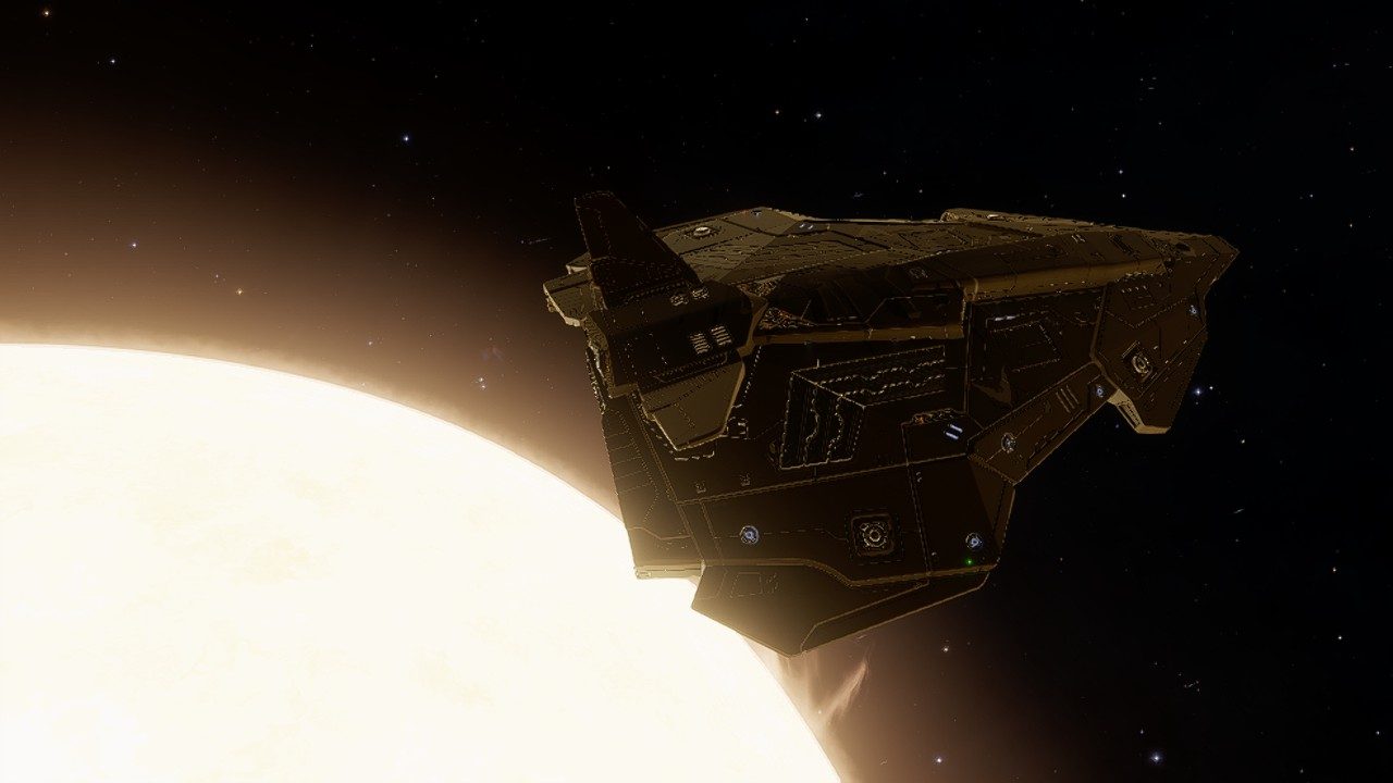 Ship exterior with star and planet background.