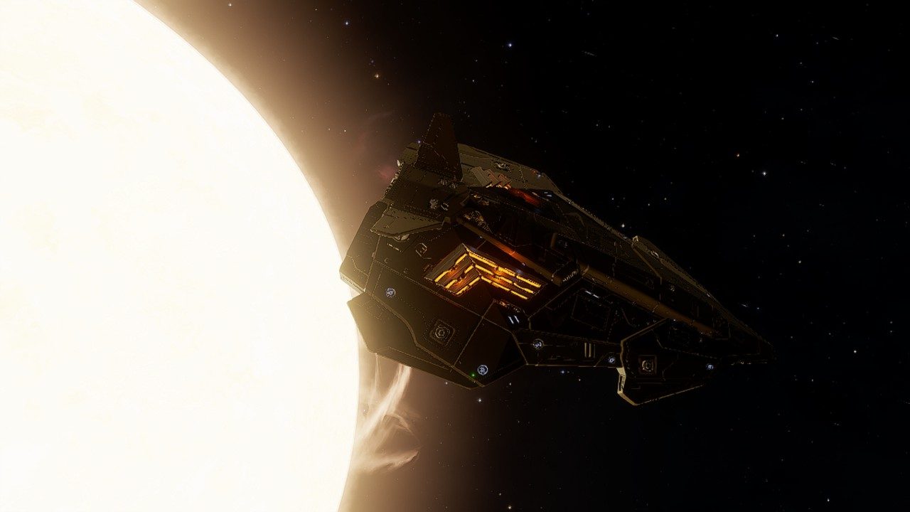 Ship exterior illuminated by star.