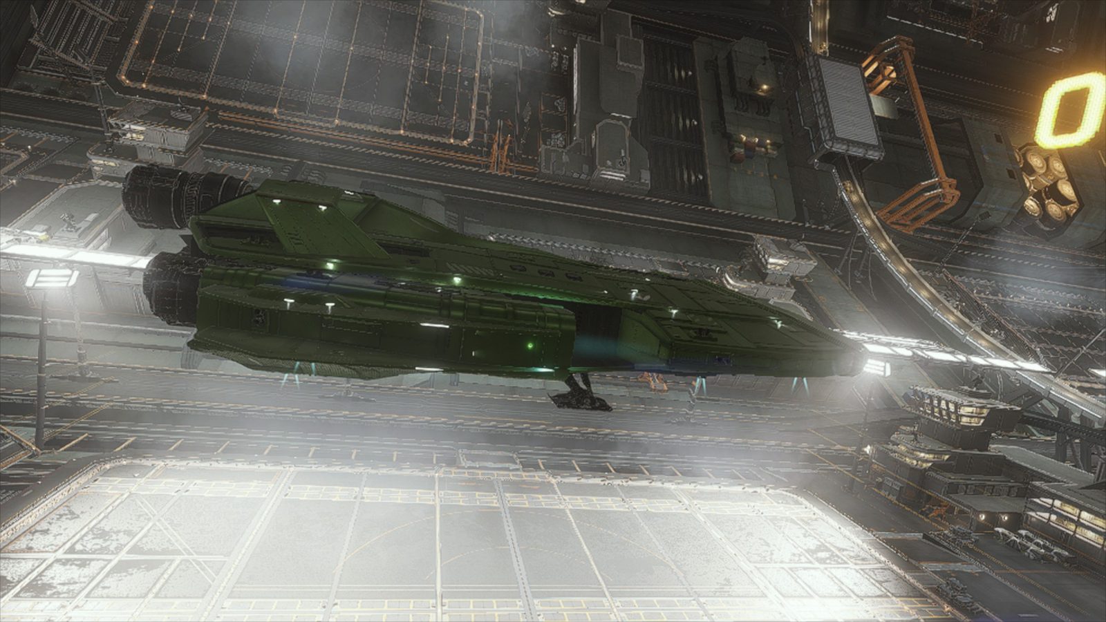 Side view of ship in hangar with good detail.
