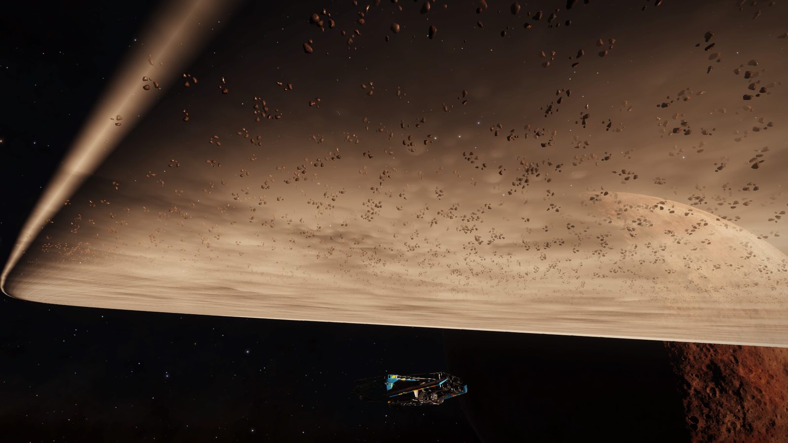 Strong scenic shot of a spaceship near a detailed planetary ring and asteroid field with good composition and lighting.