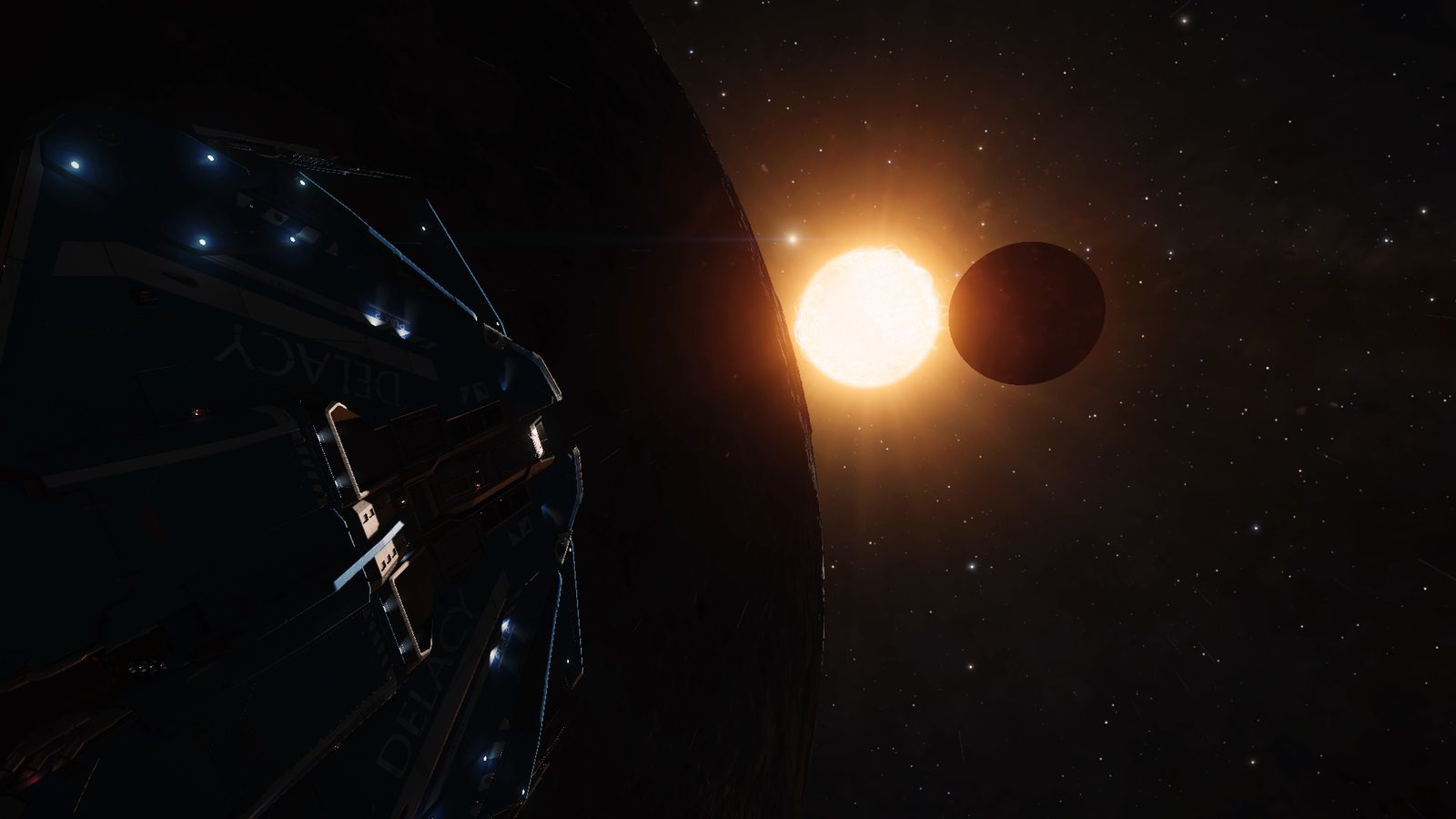 Dramatic star and planet alignment with ship silhouette, good scale and mood.