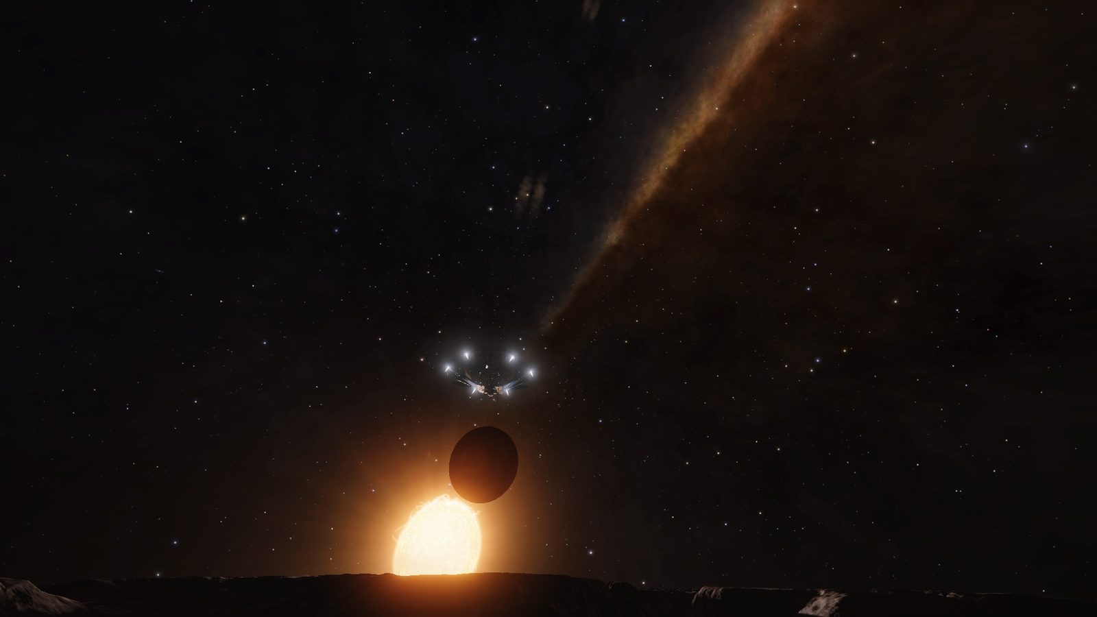 Rich space scene with multiple elements and galactic background, visually compelling.