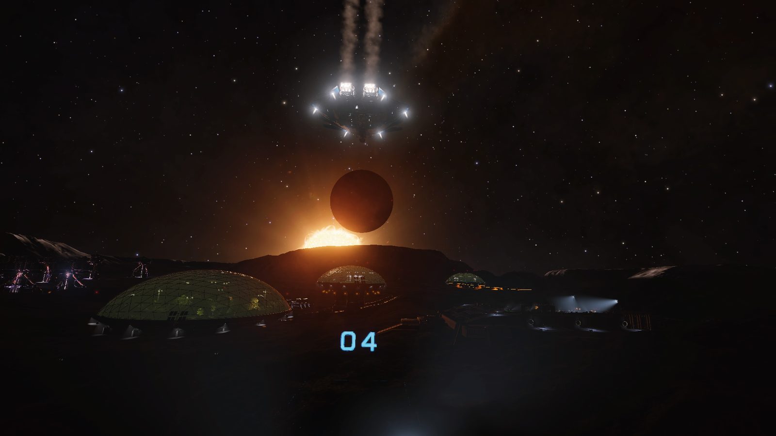Dark scenic with sun and planet alignment, good scale and mood.