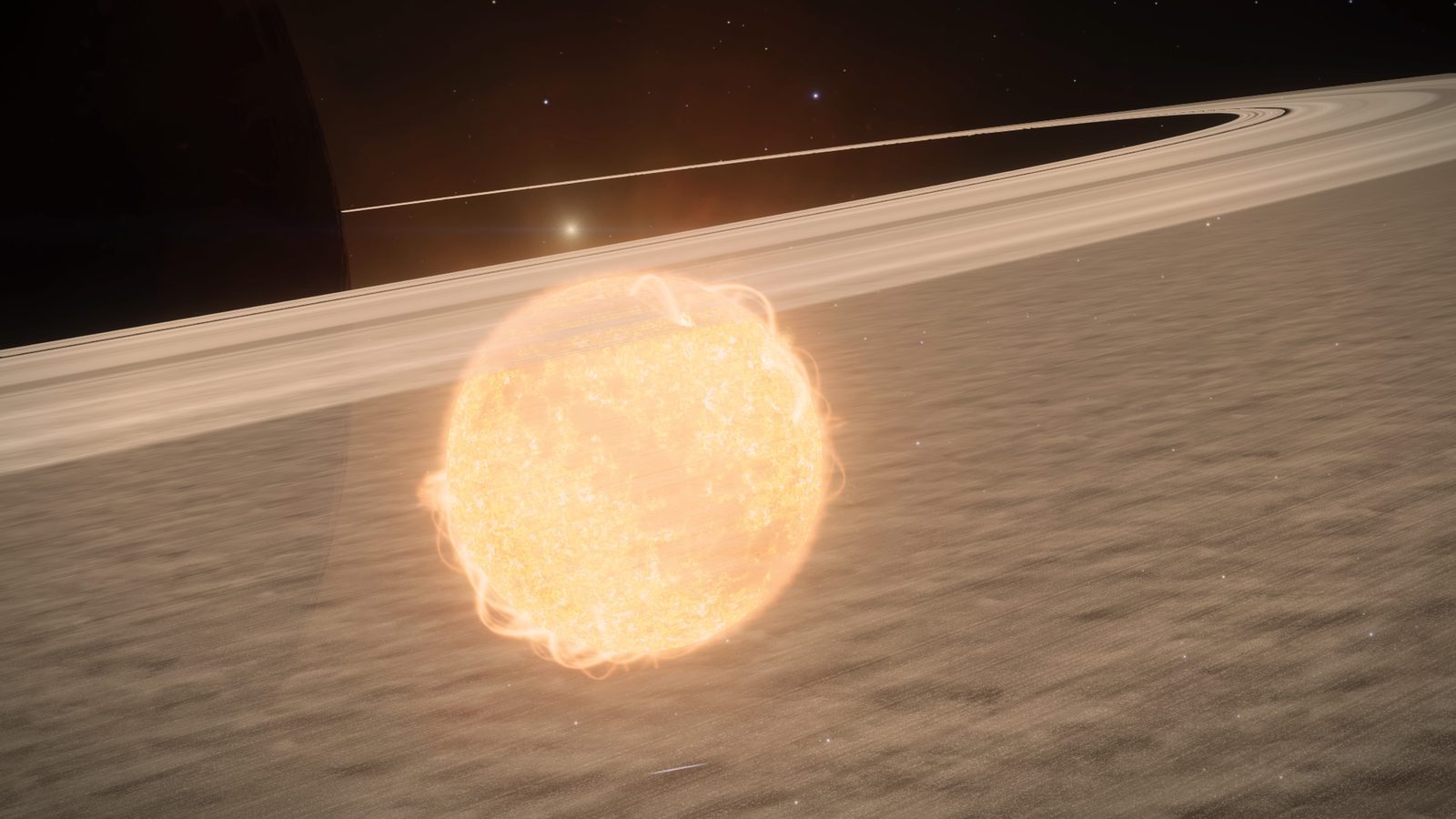 Bright star near ringed planet surface, atmospheric and scale-rich.