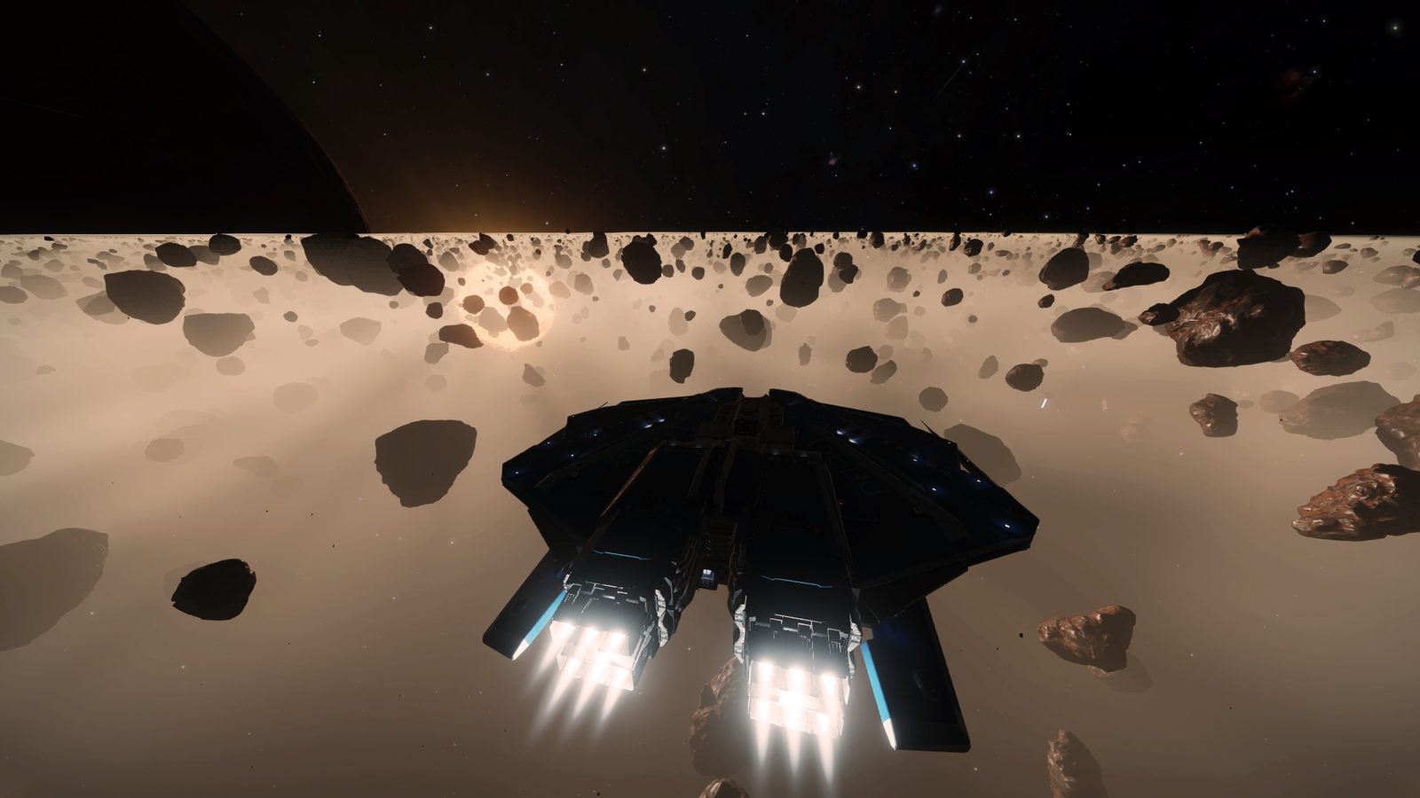 Ship flying through asteroid belt, strong composition and lighting.