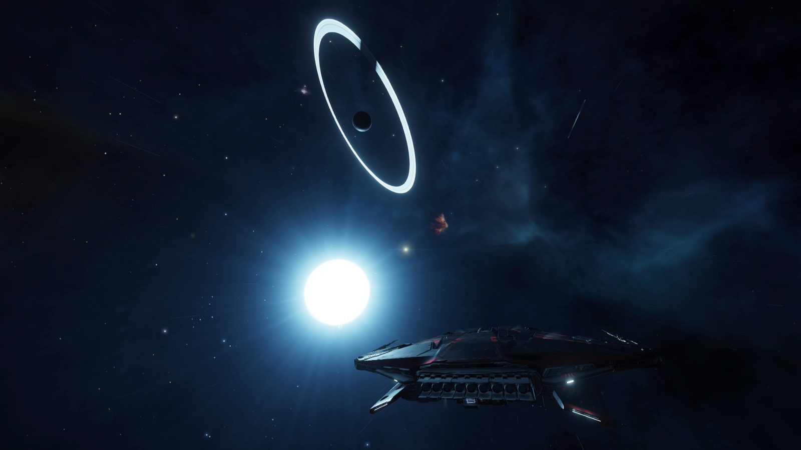 Bright star with ringed planet and ship, atmospheric and scale-rich.