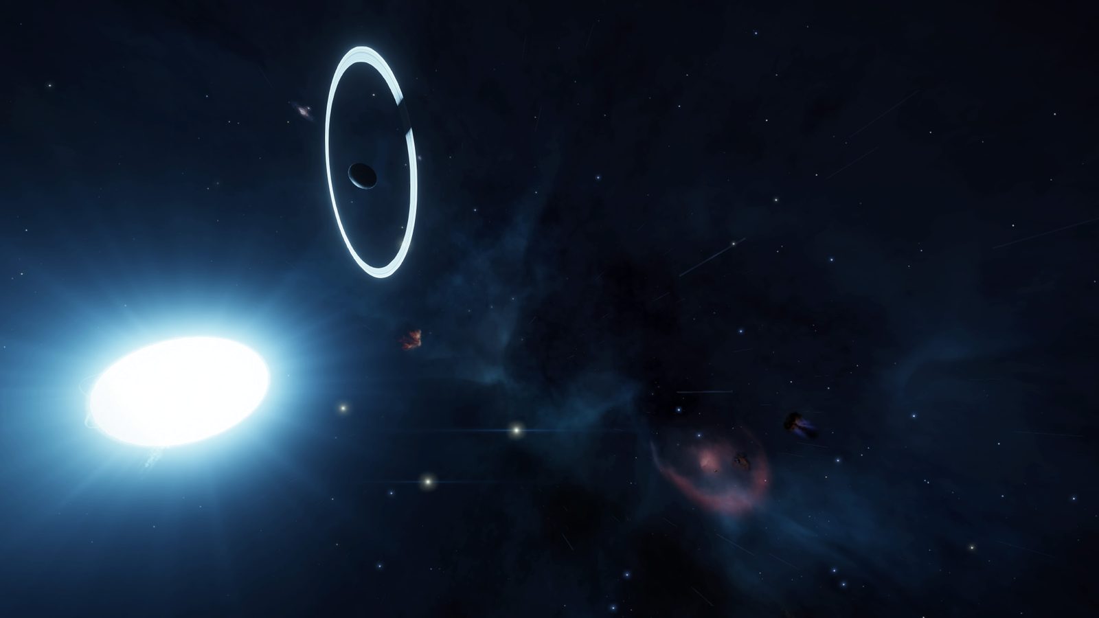 Atmospheric space scene with celestial bodies and nebula.
