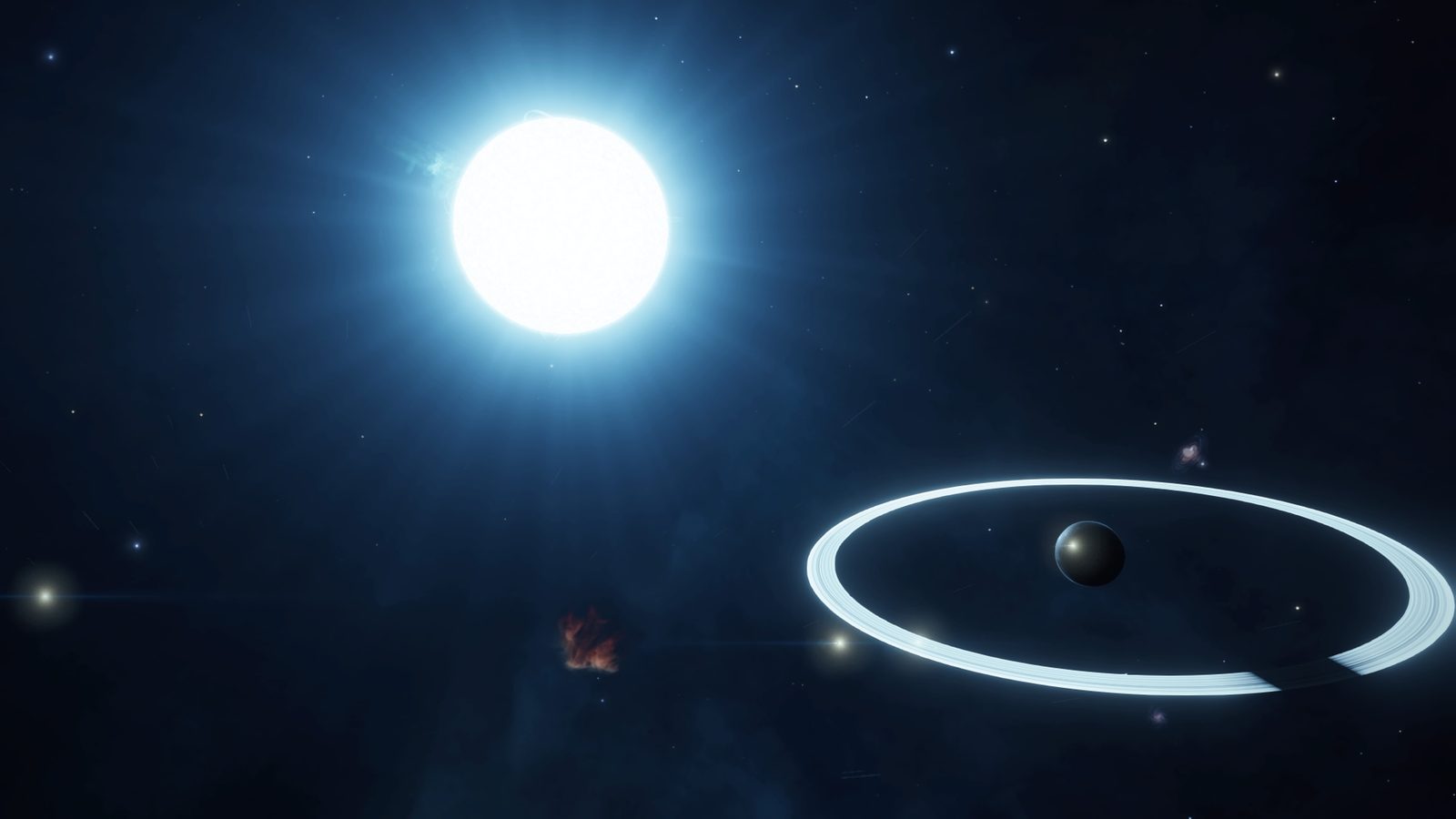 Space scene focused on star and planet rings.