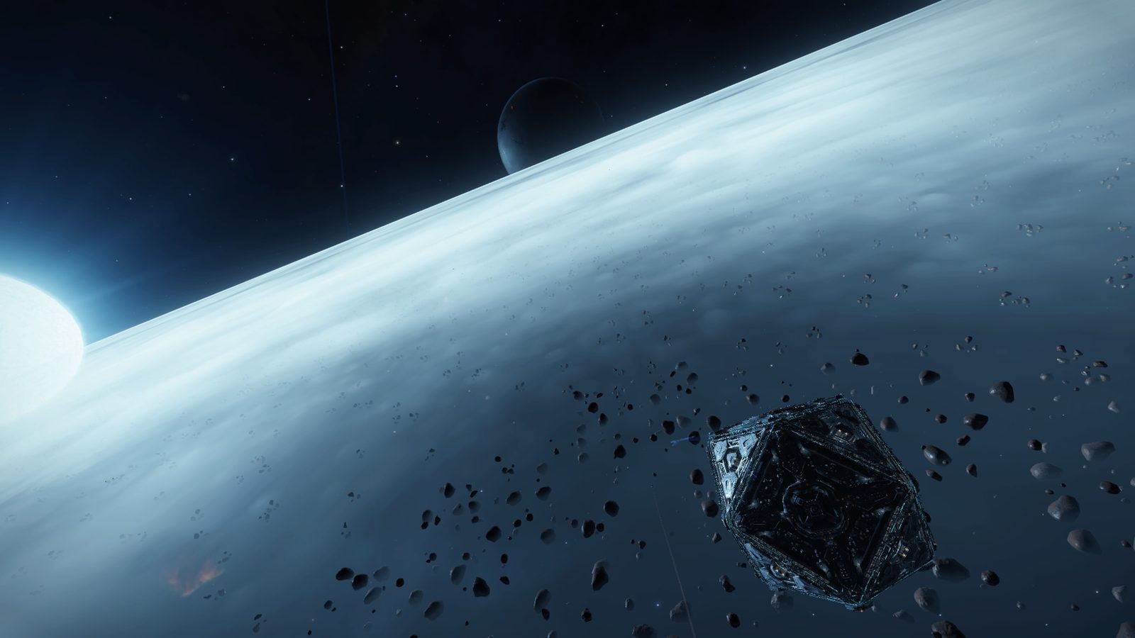 Close-up planetary surface with asteroids and distant star.