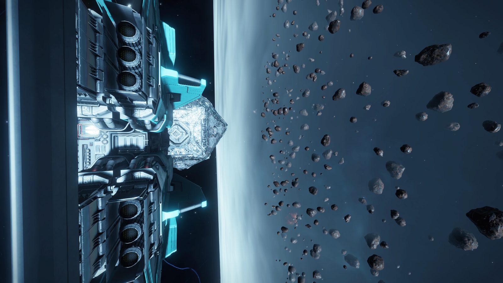 Well-composed space scene with ship and asteroids.