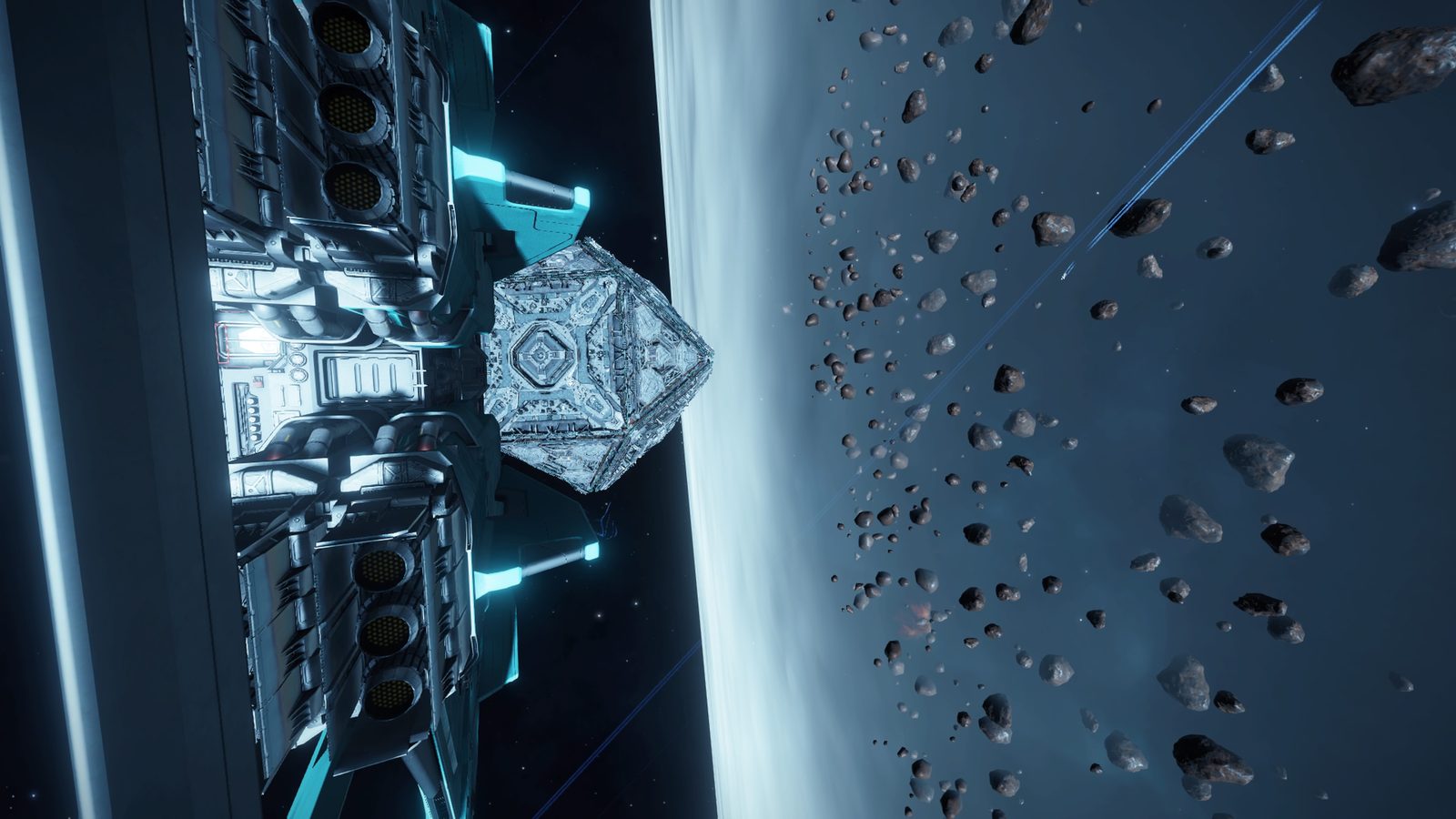 Alternate angle of ship and asteroid field with good detail.
