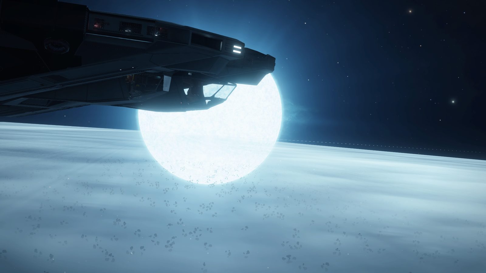 Dramatic ship silhouette with star and planetary horizon.