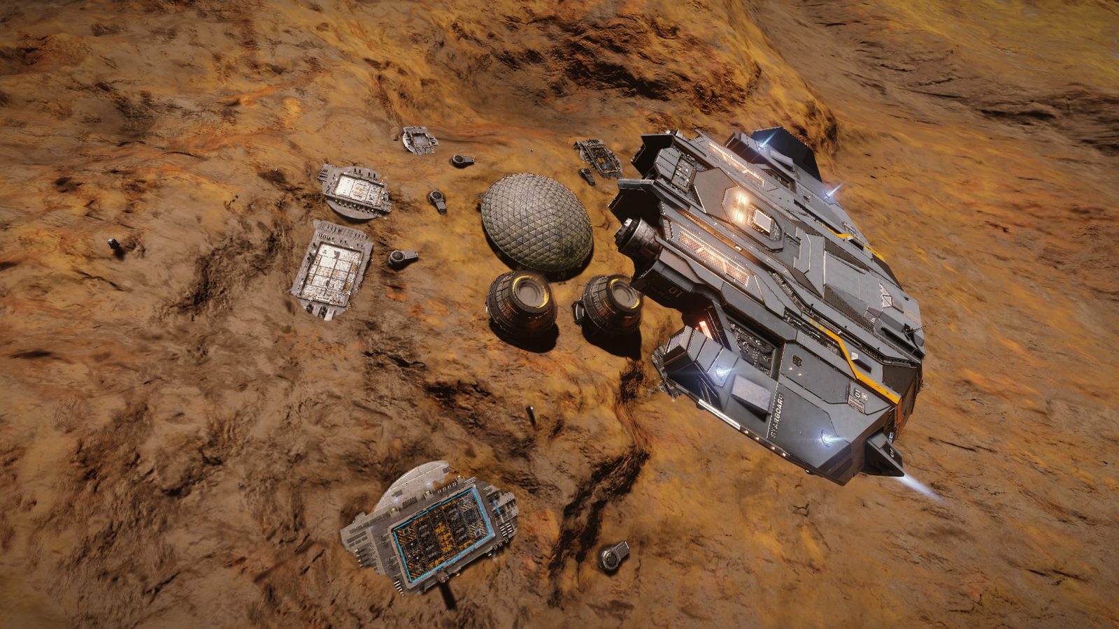 Ship over detailed planetary surface with buildings.