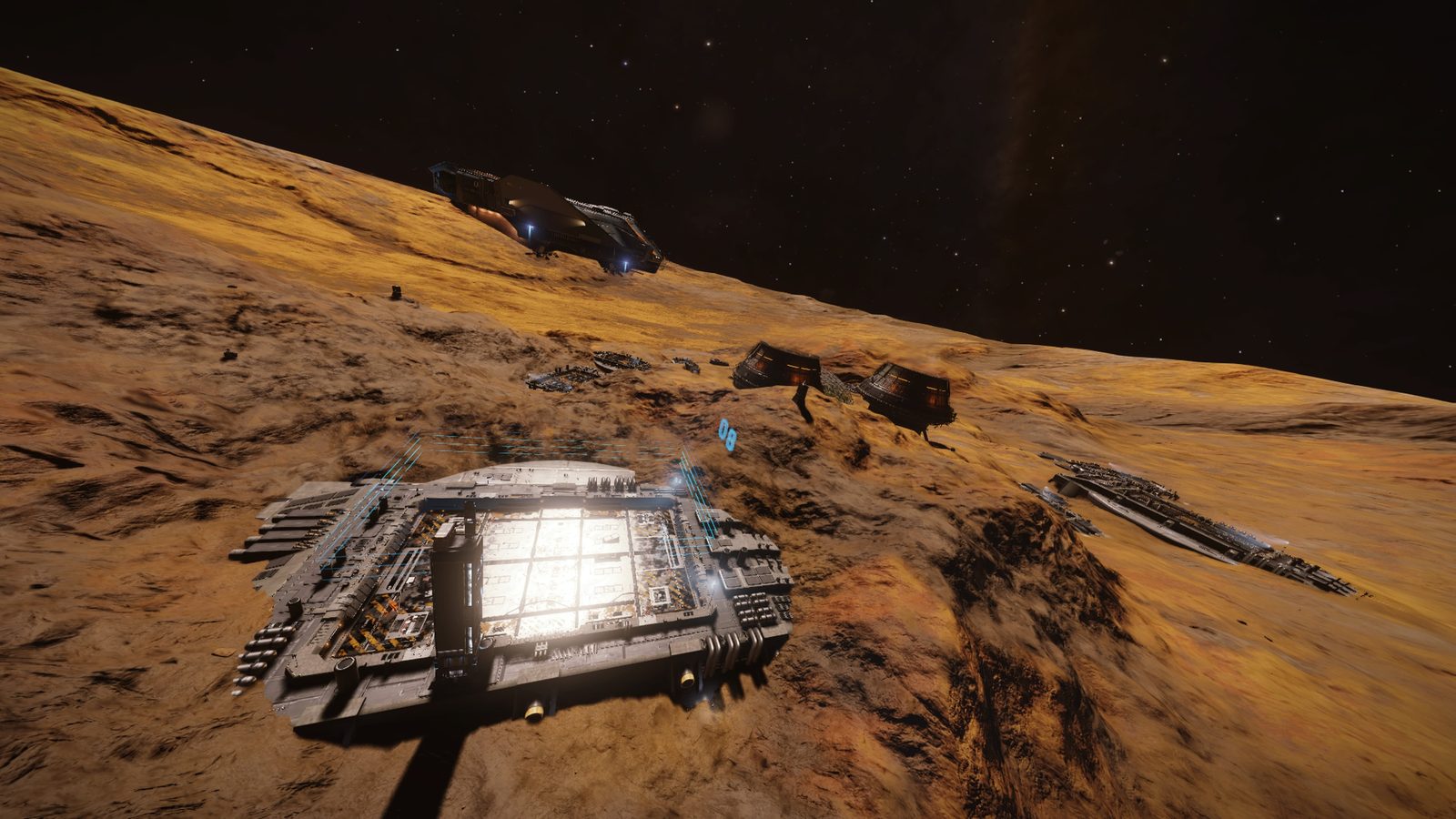 Multiple ships on planetary surface with ambient lighting.