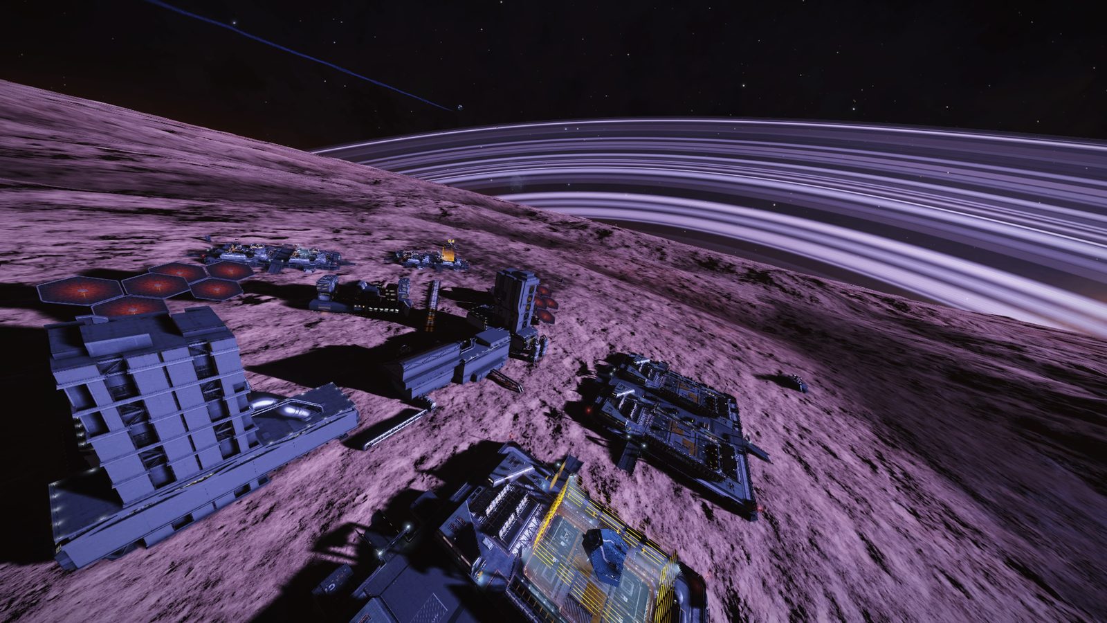 Base on purple planet with rings, good scale and color