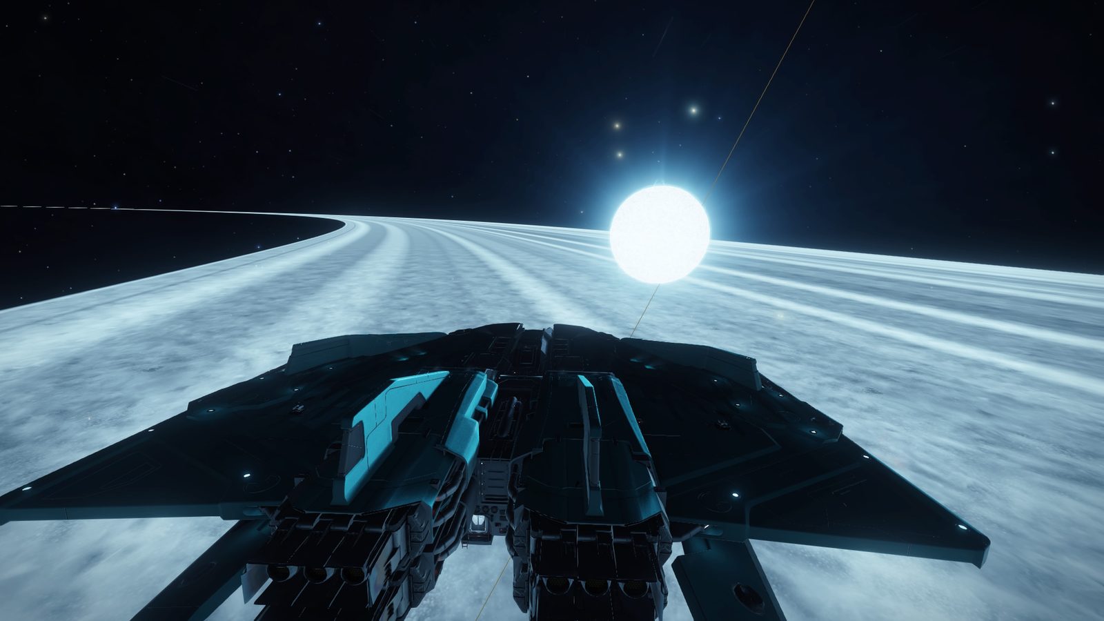Spacecraft near ringed planet with bright star backdrop.