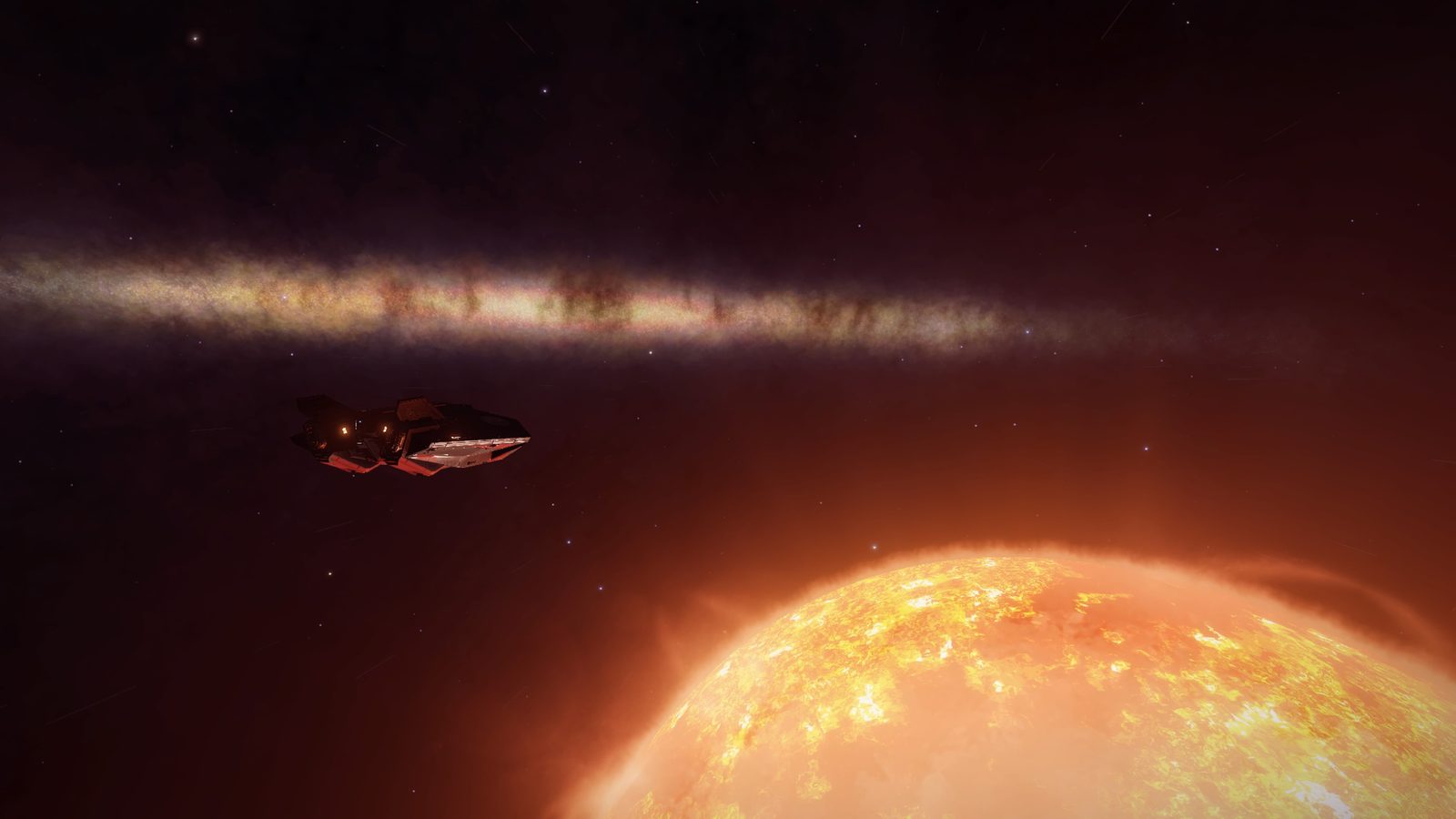 Ship near bright star with galaxy backdrop, atmospheric