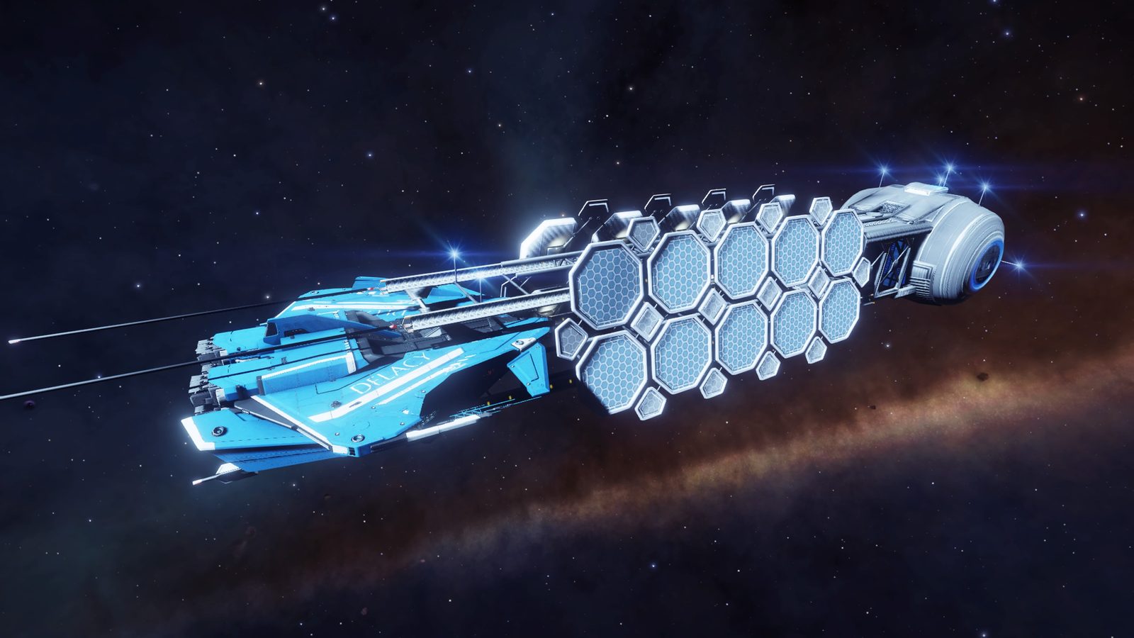 Exterior ship view with hexagonal solar panels.
