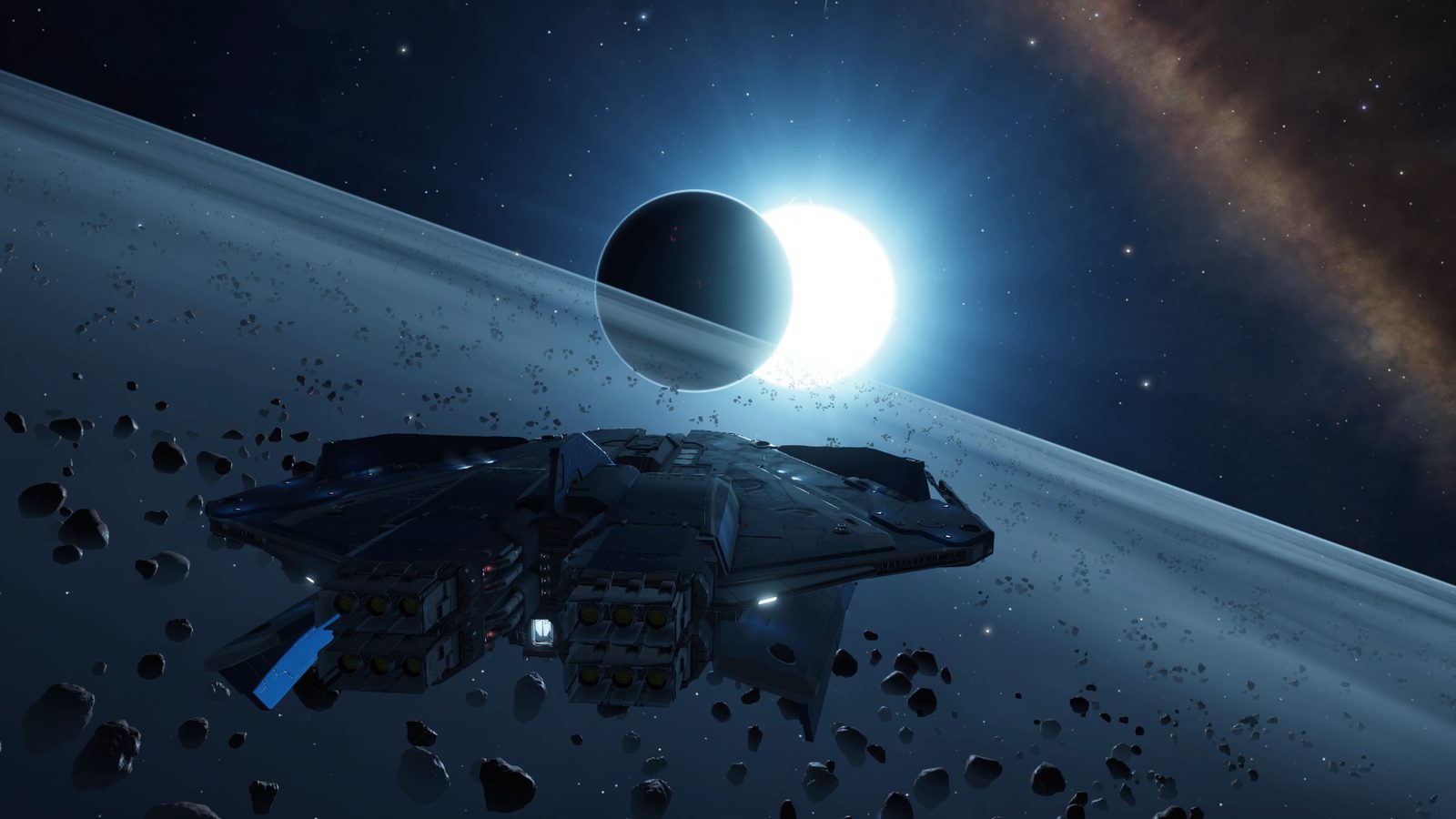 Atmospheric space scene with clear celestial bodies and ship detail.