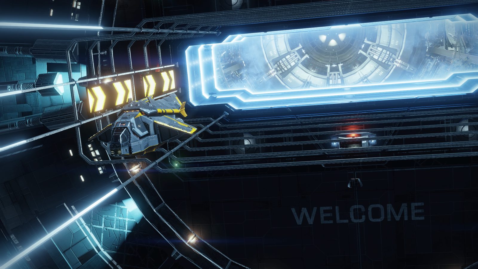 Station interior with ship and welcoming text.