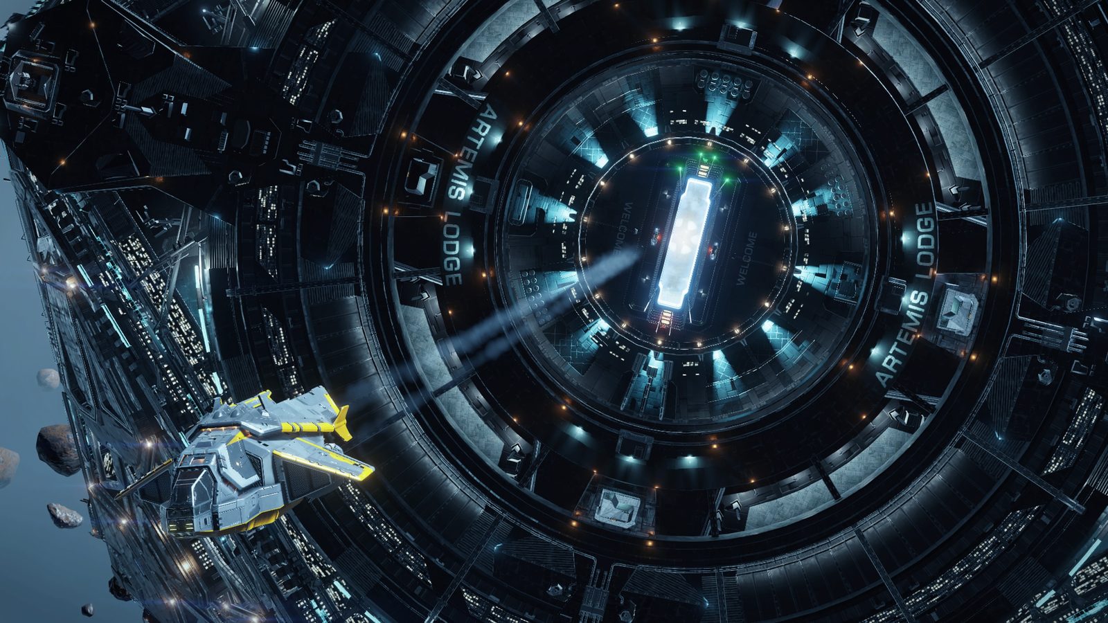 Top-down station view with ship and lighting effects.