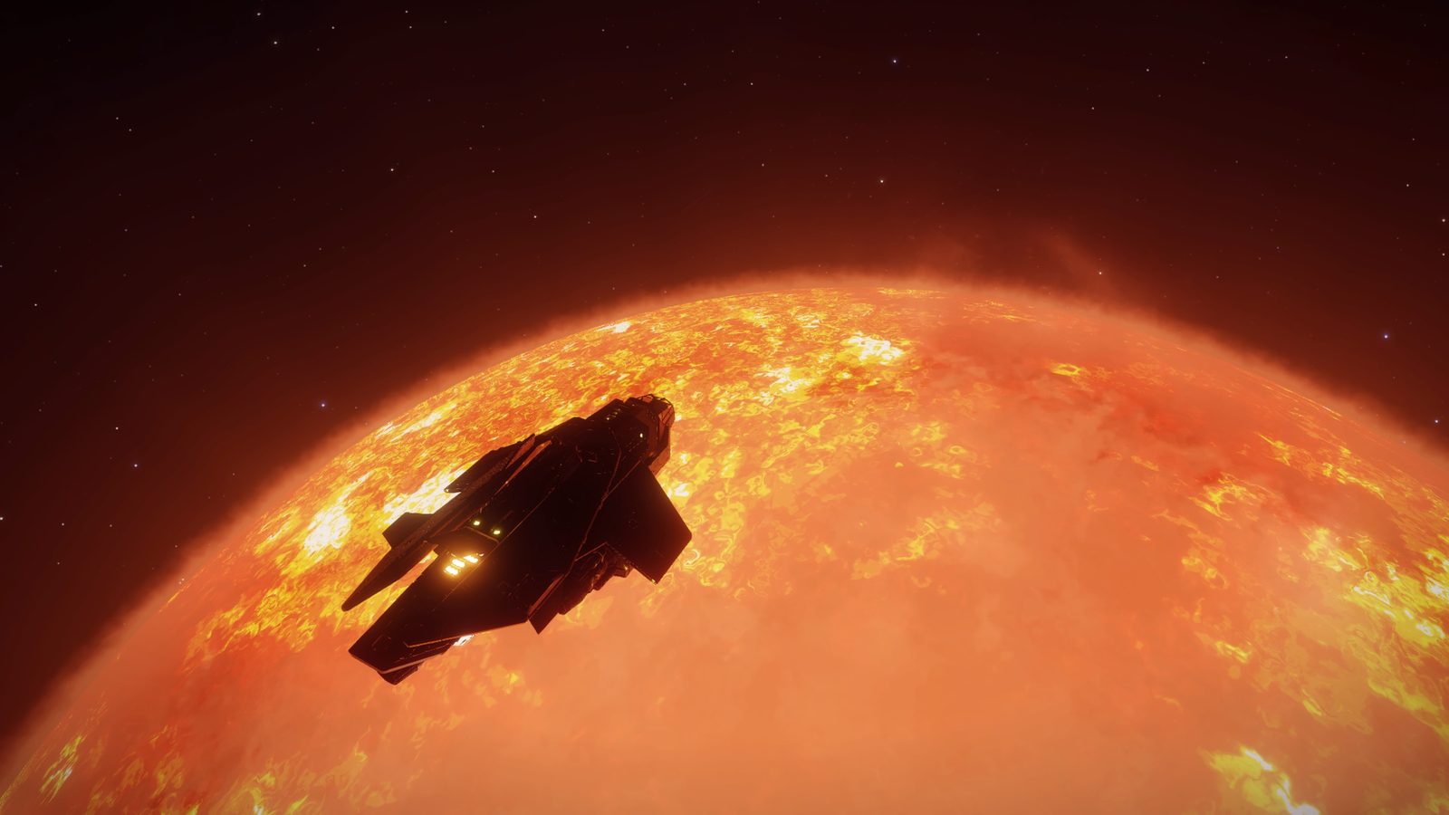 Striking starship silhouette with vivid star backdrop.