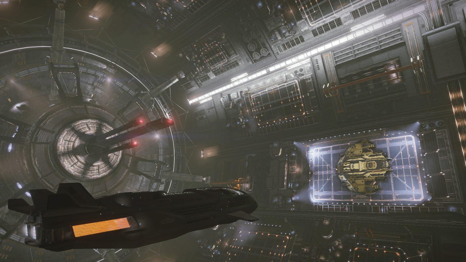 Intricate station interior scene with ship docked.