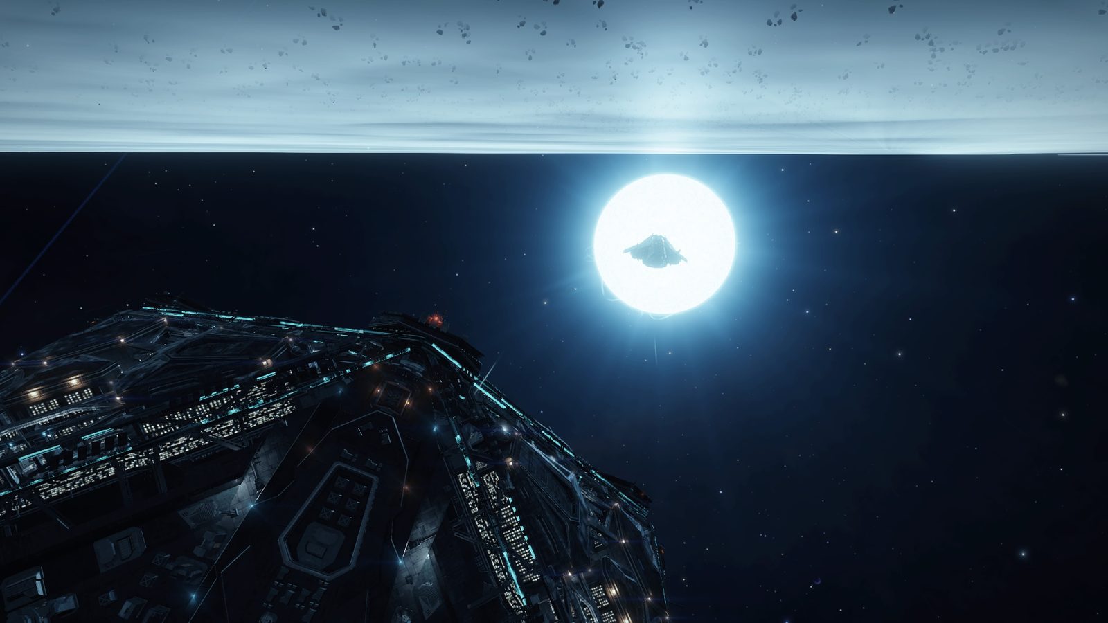 Ship near bright star with ringed planet and asteroid belt.