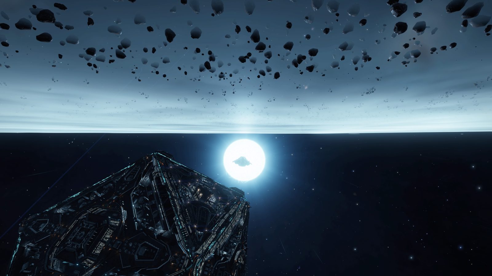 Wide shot of ship near star with asteroid field and ringed planet.