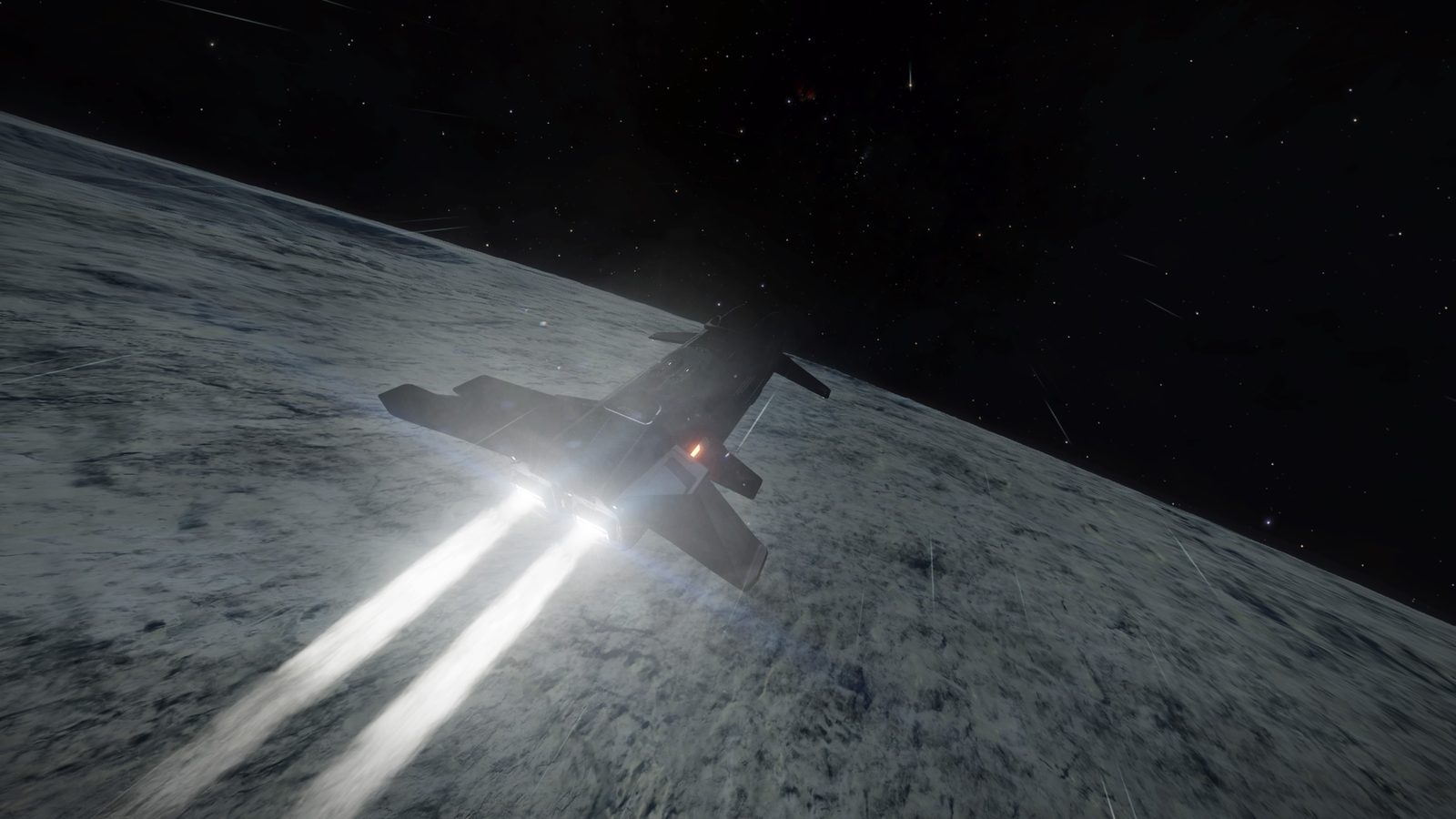 Dynamic ship flight over detailed moon surface.