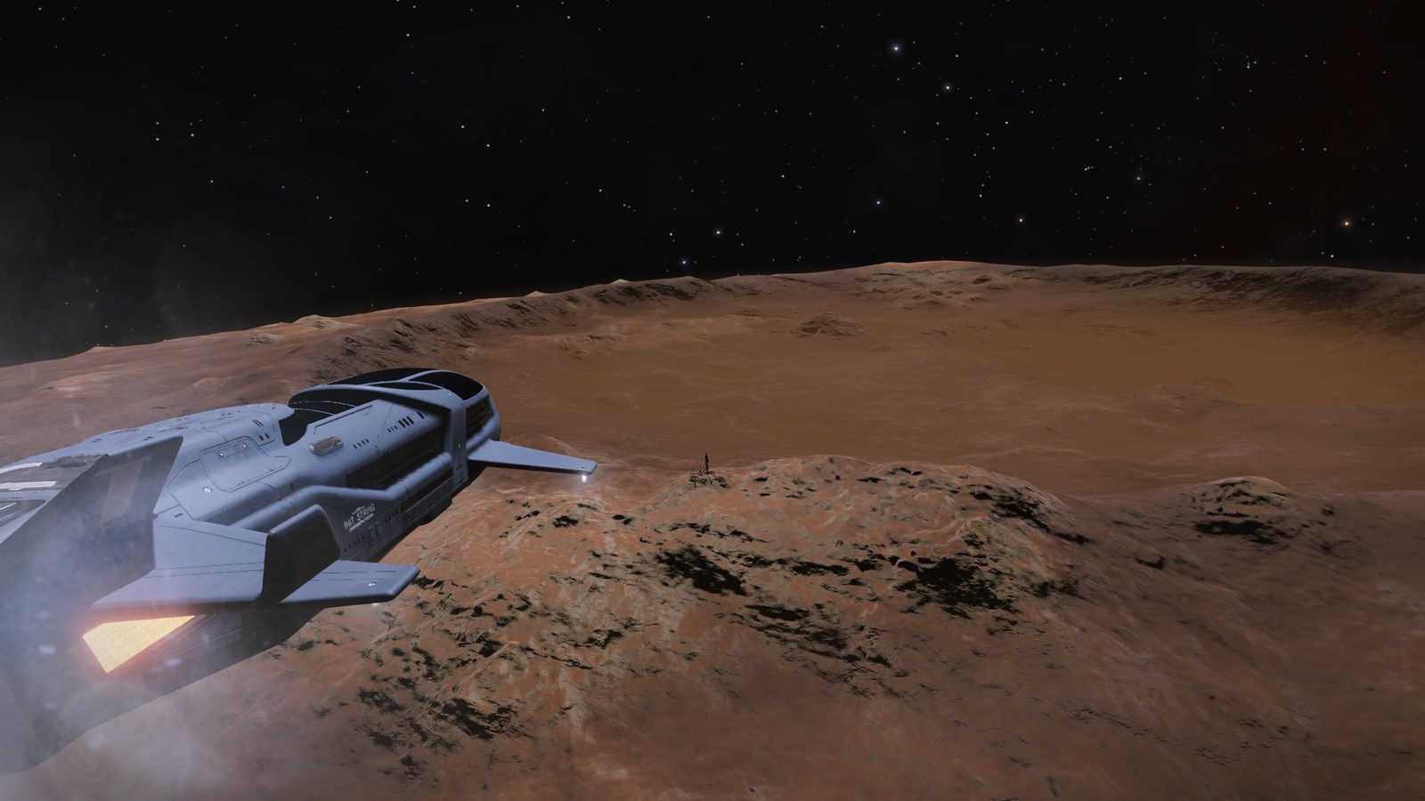 Ship near rocky planet surface with starfield.