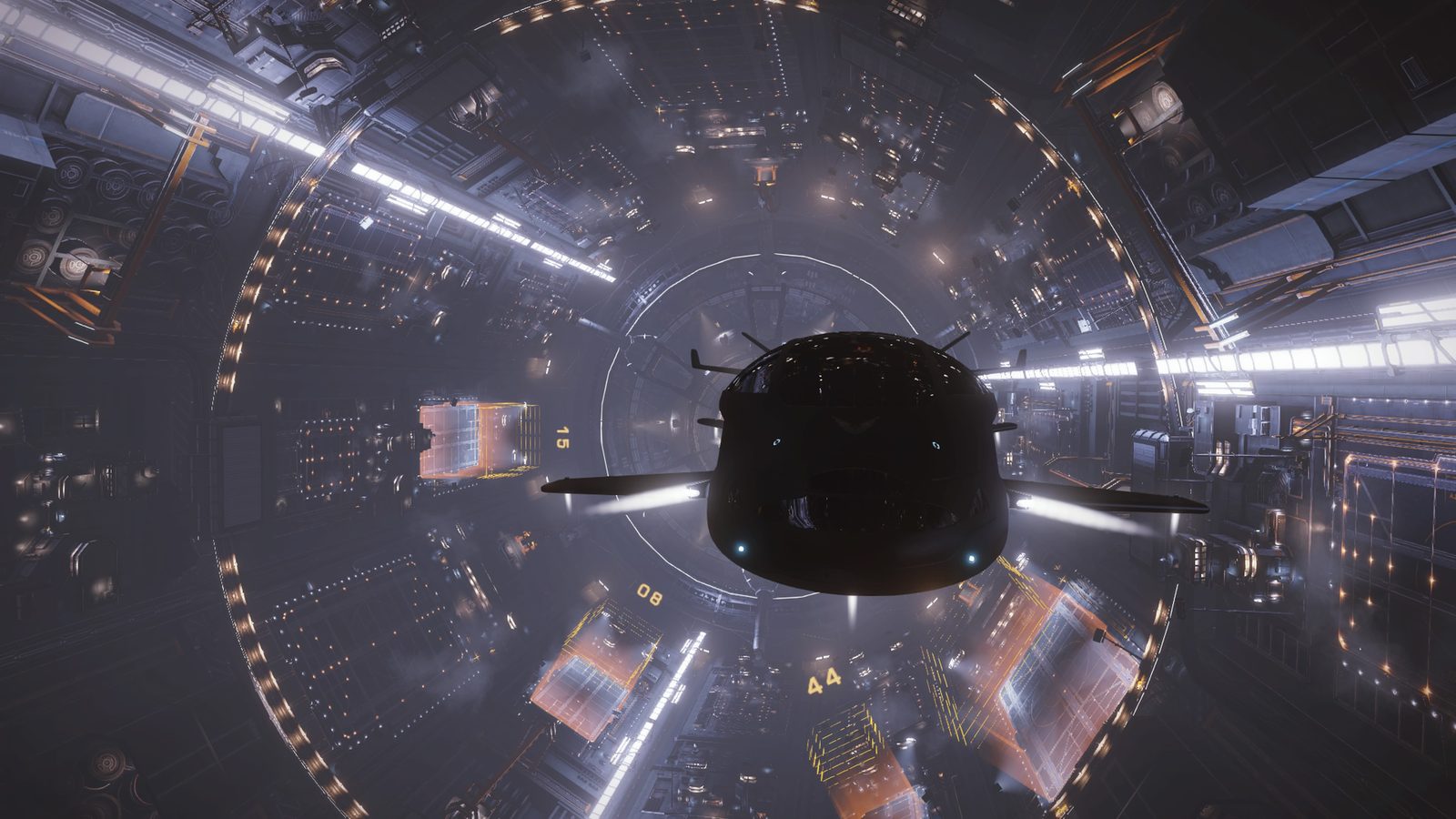 Wider station view with ship, strong atmospheric detail.