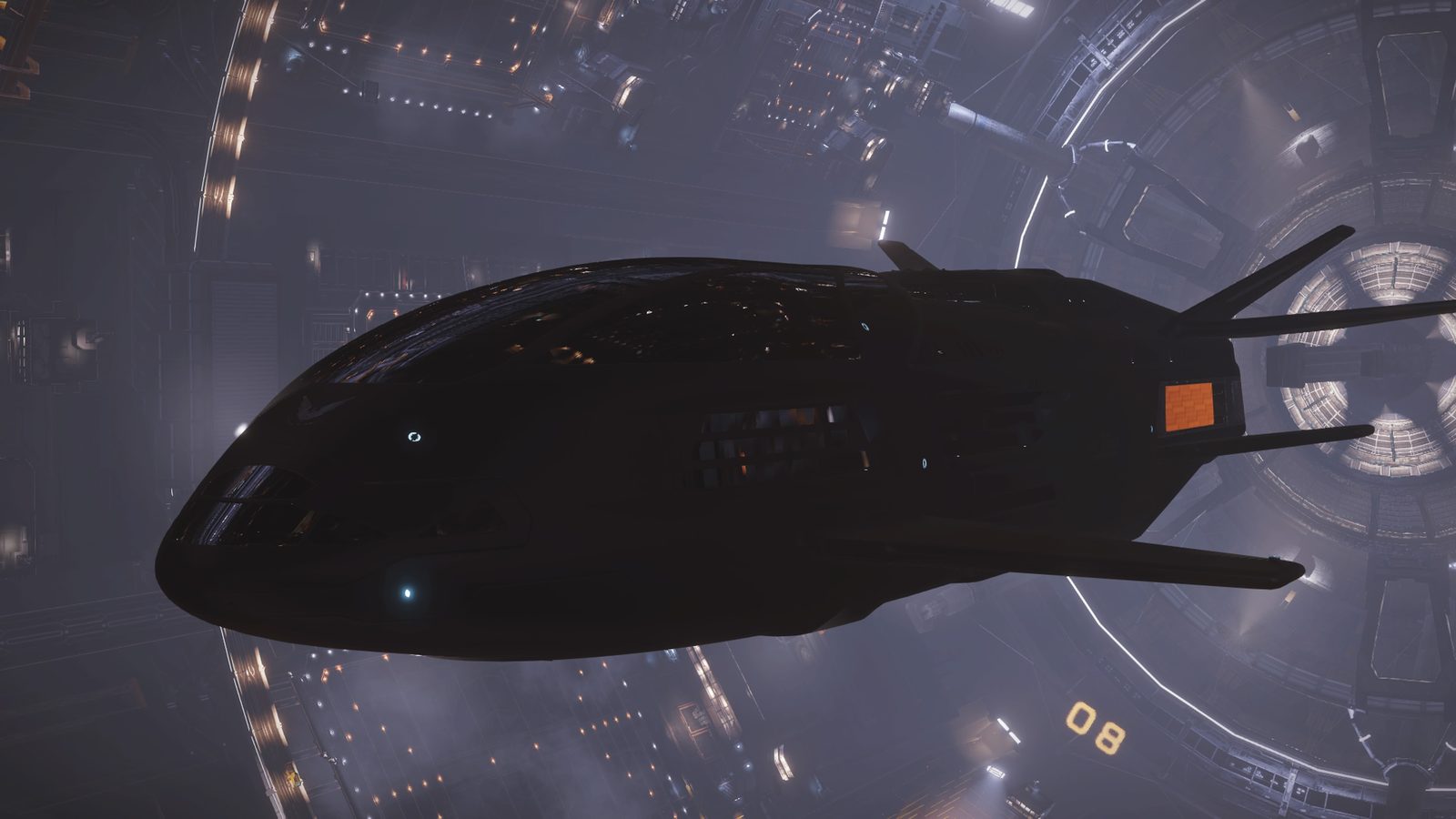 Close ship view with station backdrop, clear and detailed.