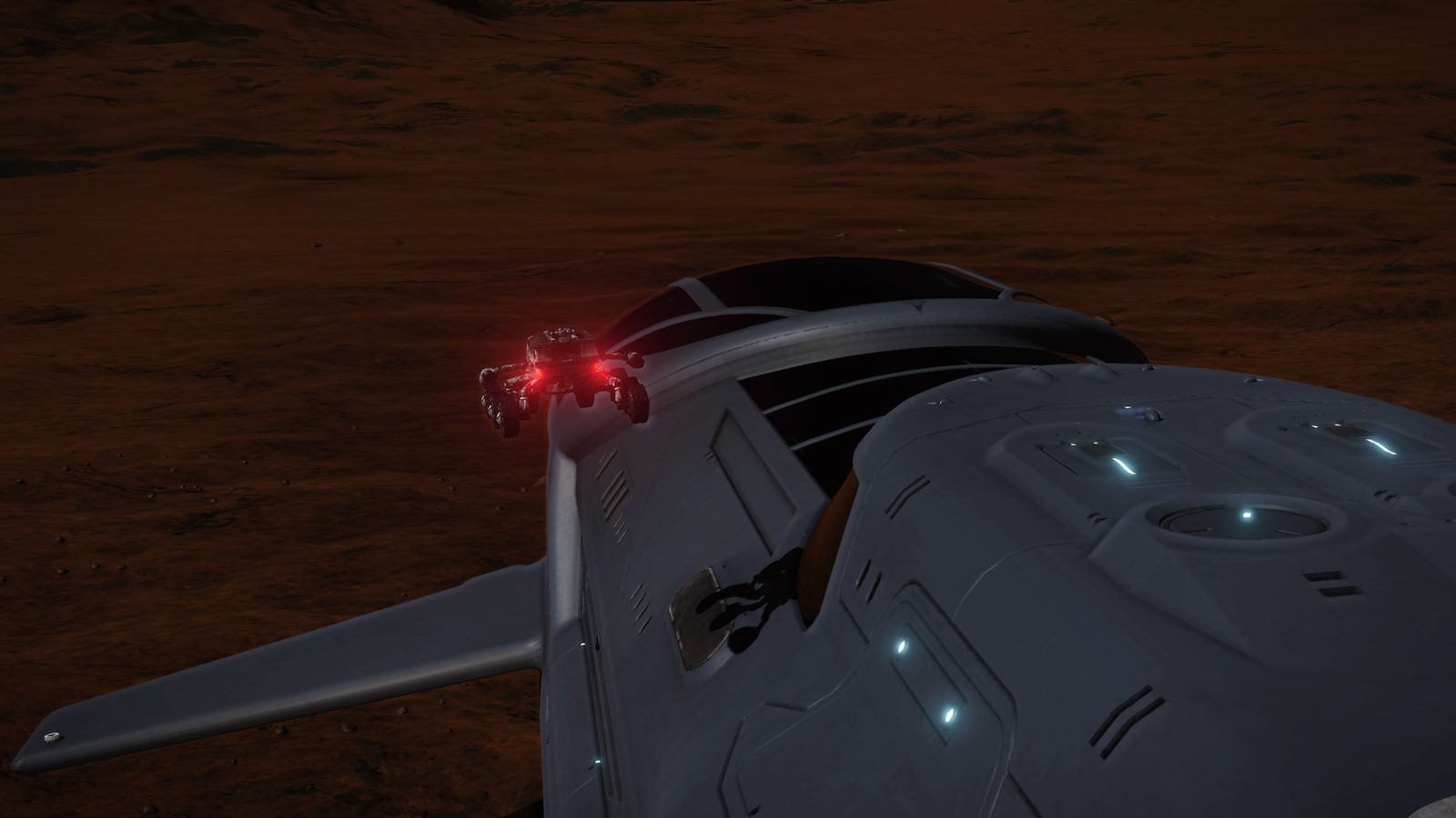 Detailed ship view with atmospheric lighting on planet