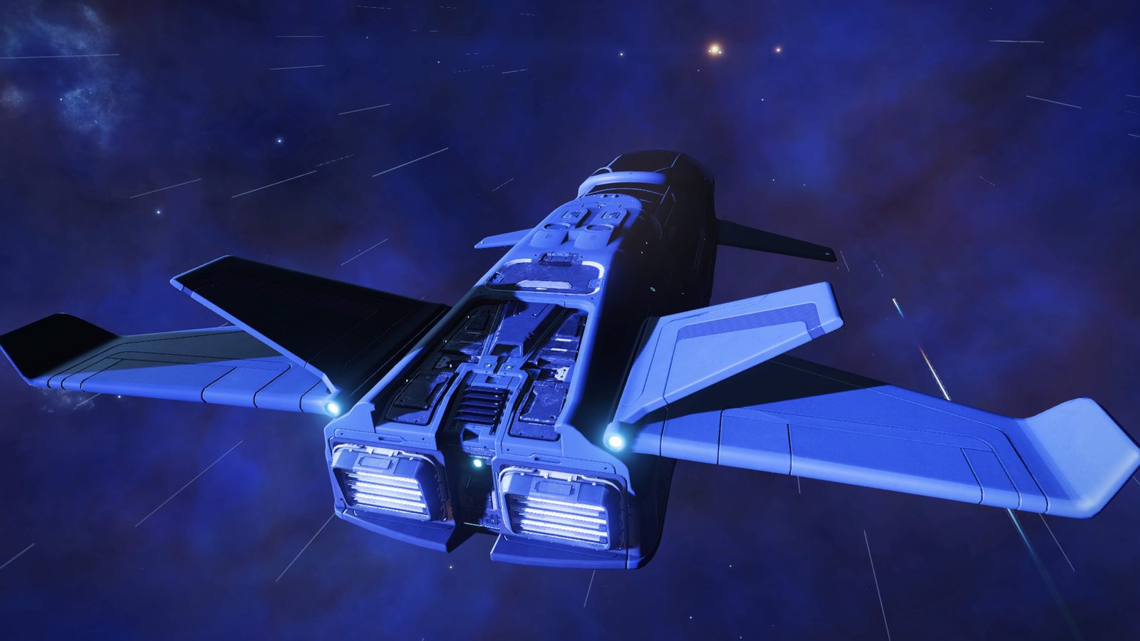 Clear ship in space with dynamic lighting and starfield background.