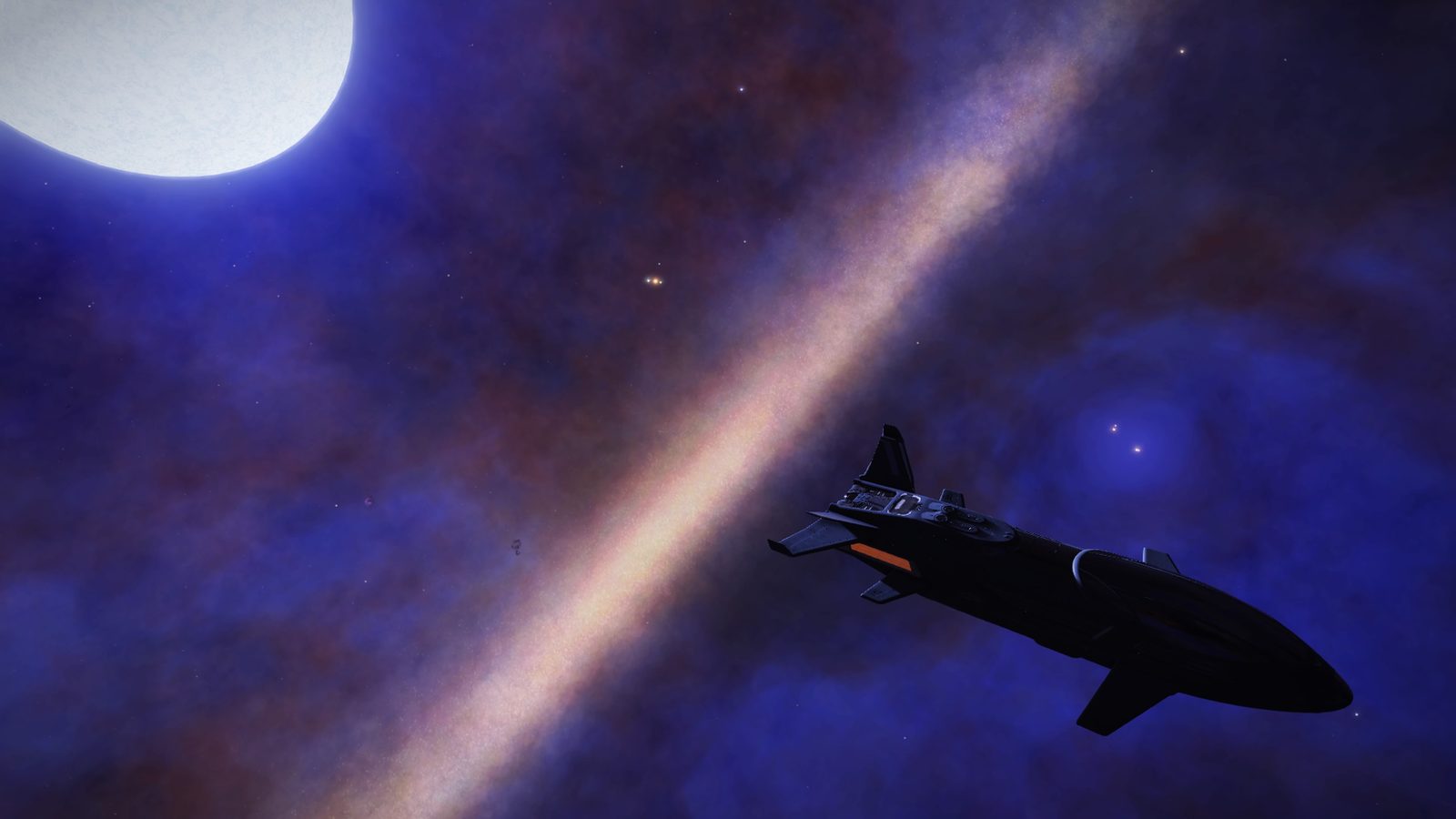 Silhouetted ship with nebula backdrop.