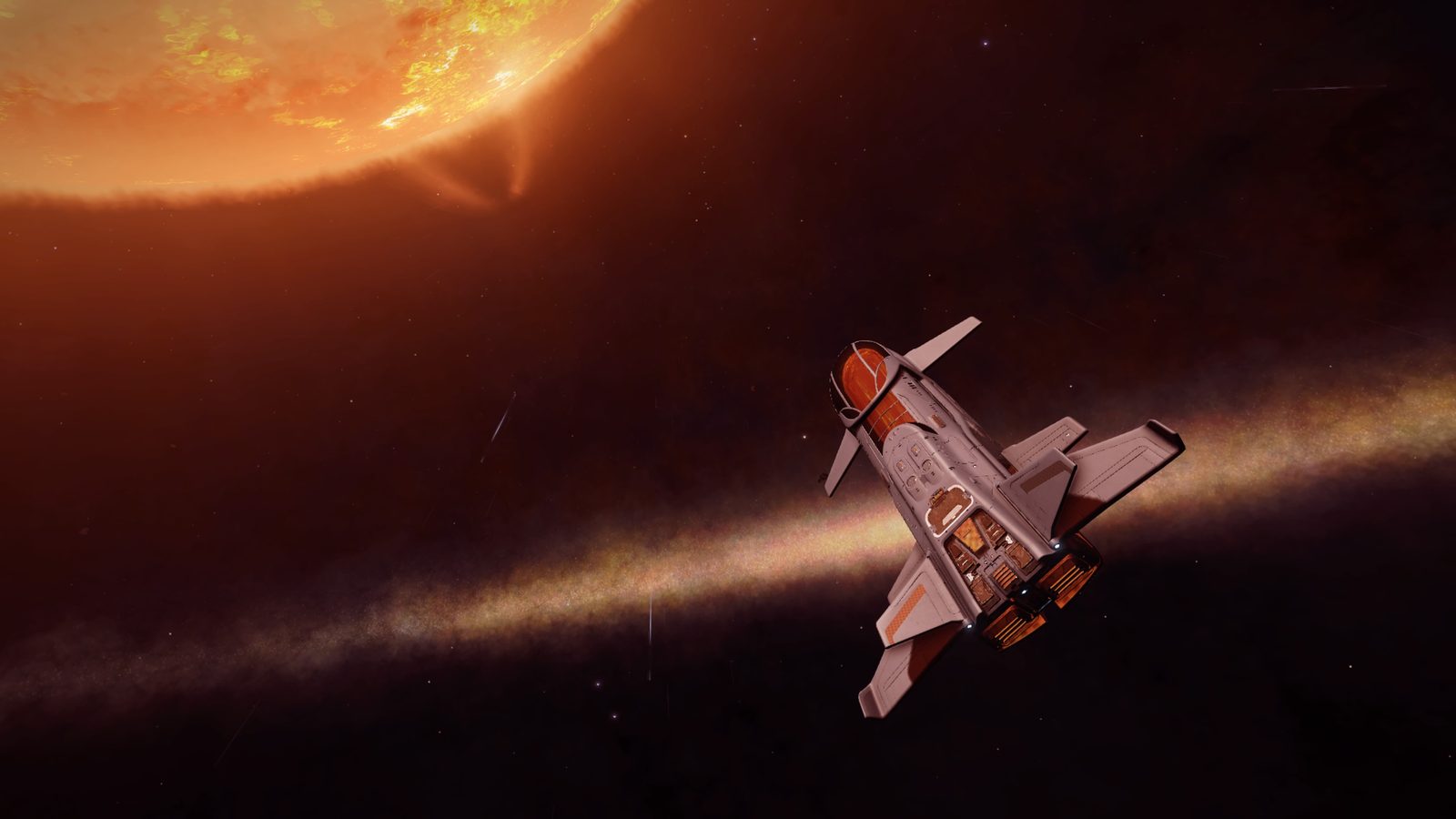 Ship near star with flare and trail.