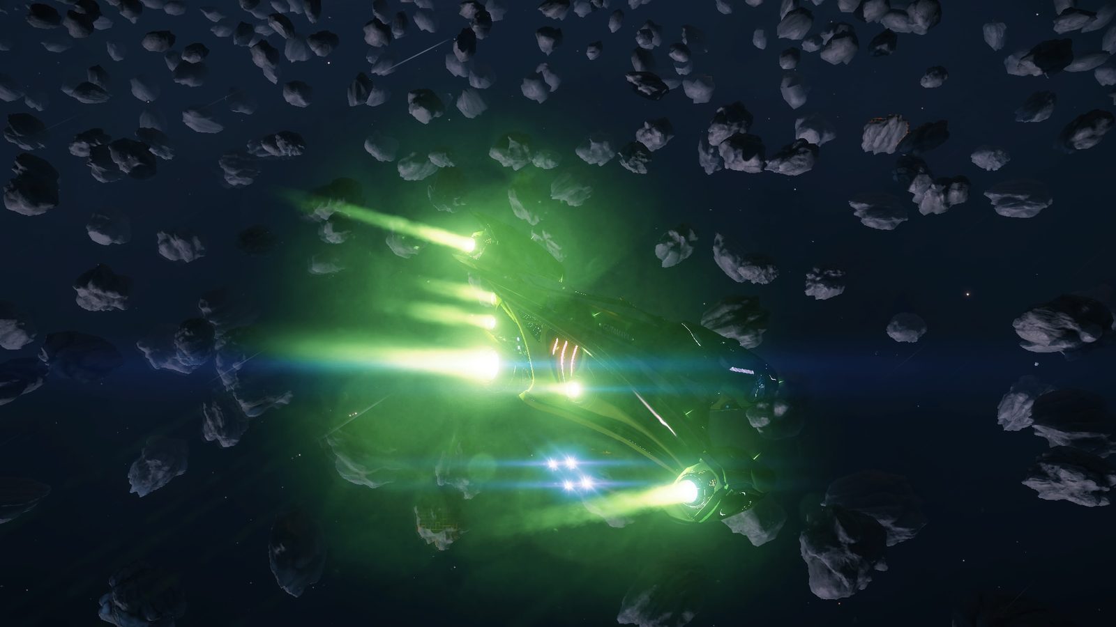Dynamic ship in asteroid field with green glow