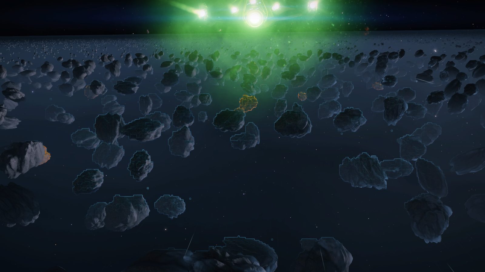 Expansive asteroid field with green illumination