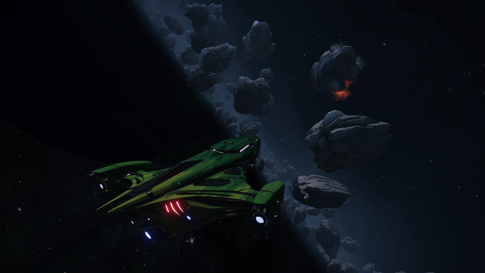 Ship near asteroid with planet backdrop and flare
