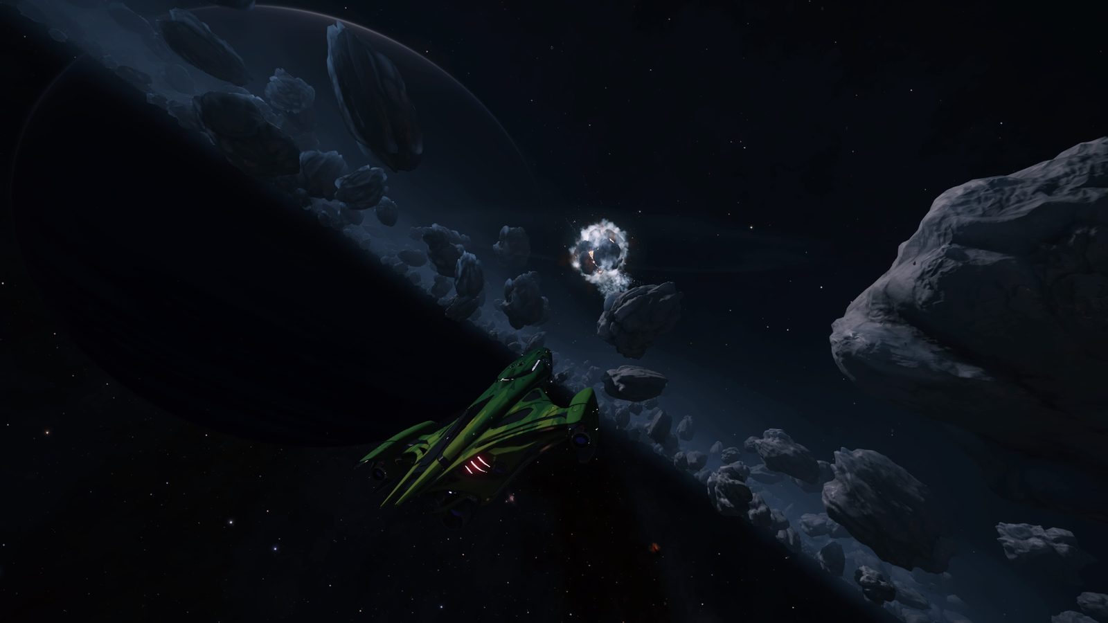 Atmospheric asteroid field with ship in mid-frame.