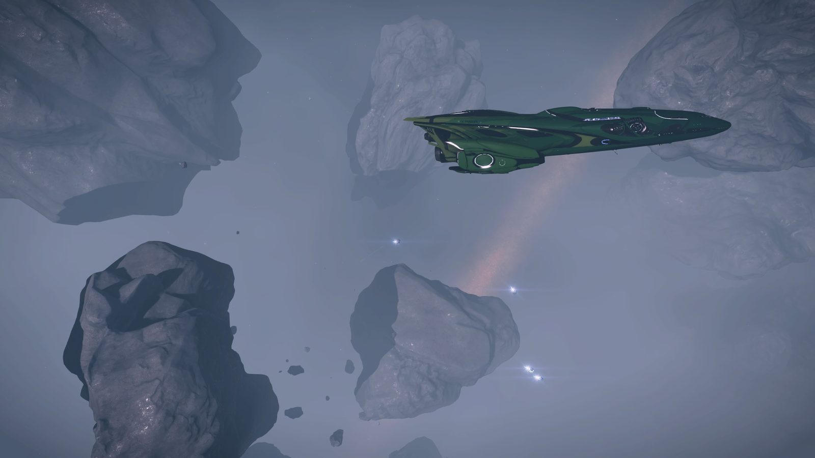 Ship flying through asteroid field with soft lighting.