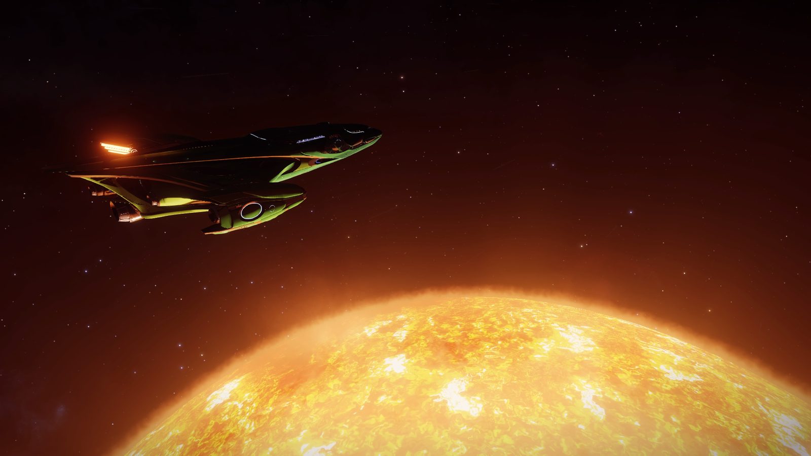Ship silhouetted against bright star with warm tones.