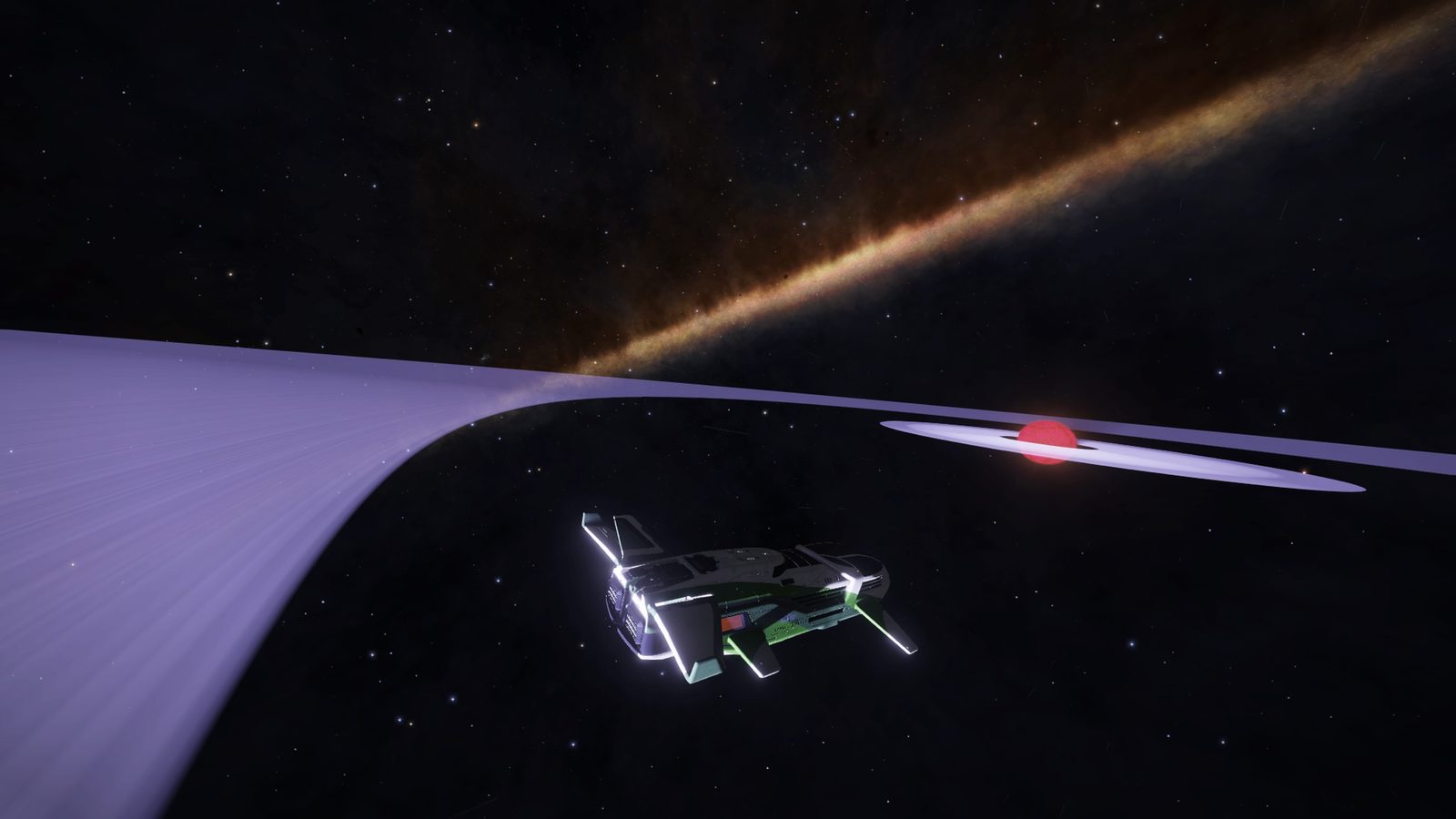 Ship near rings with Milky Way background, atmospheric