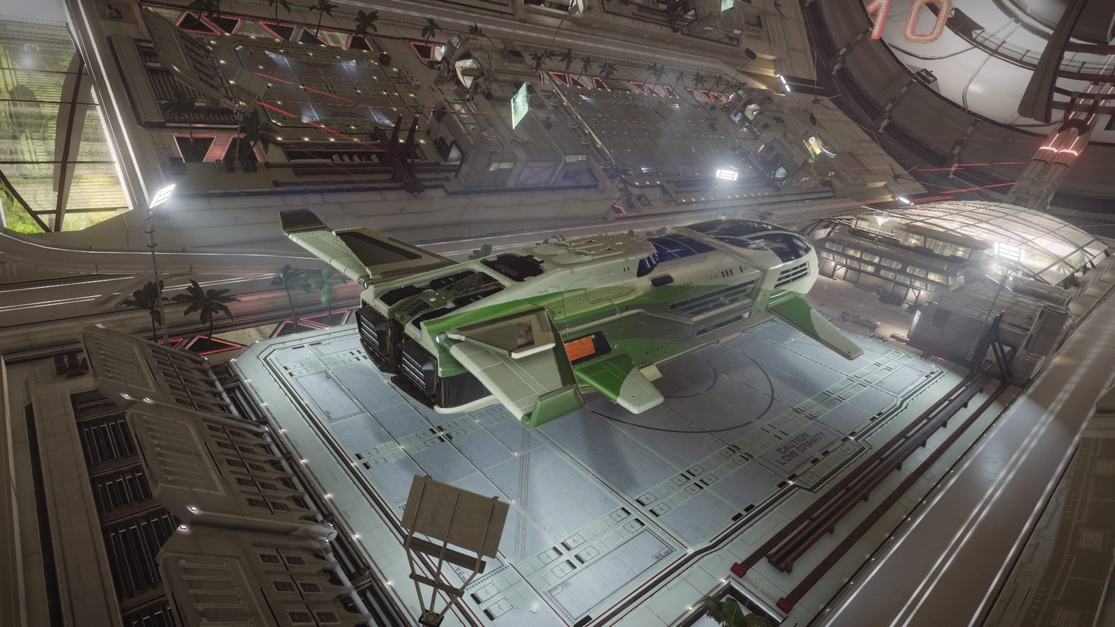 Well-lit, detailed ship docked in hangar, strong environment.