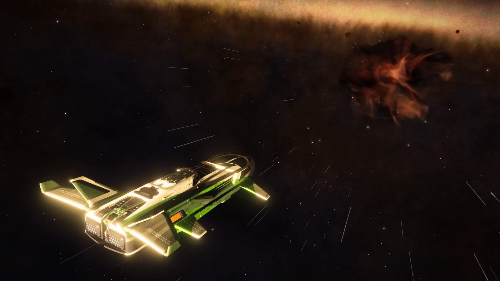 Ship flying near nebula with motion blur and rich colors.